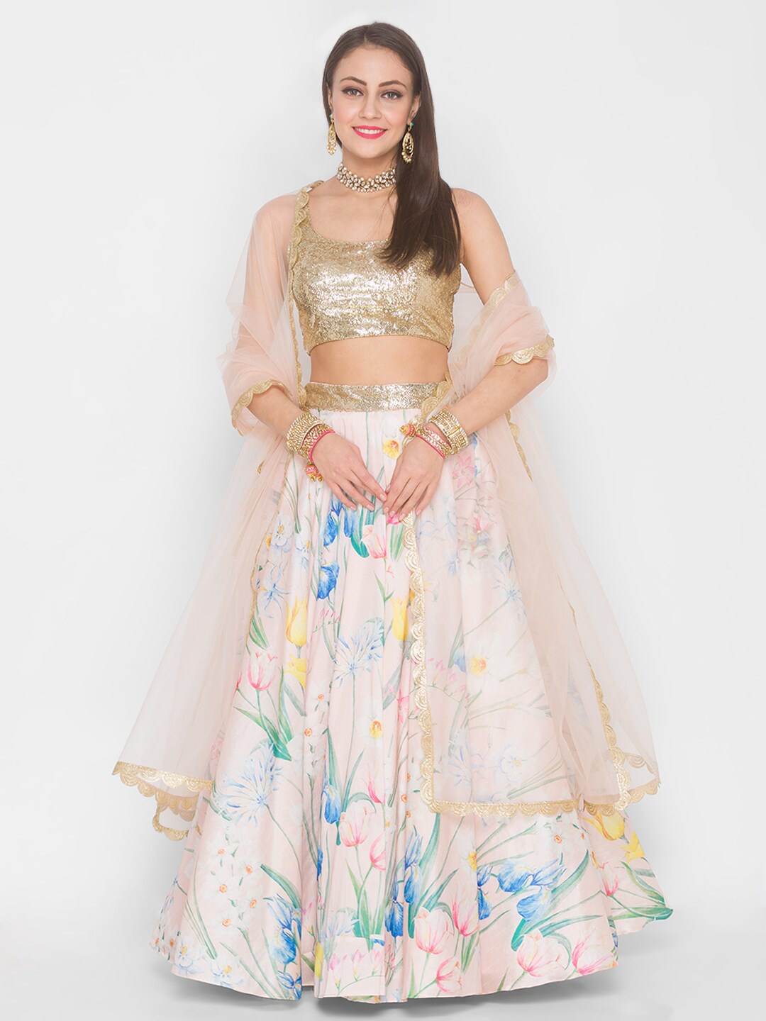 

6Y COLLECTIVE Peach & Gold-Toned Semi-Stitched Lehenga & Unstitched Blouse & Dupatta