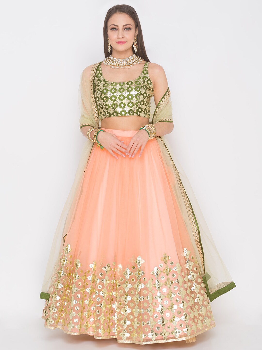 

6Y COLLECTIVE Coral & Green Embellished Sequinned Semi-Stitched Lehenga & Unstitched Blouse With Dupatta