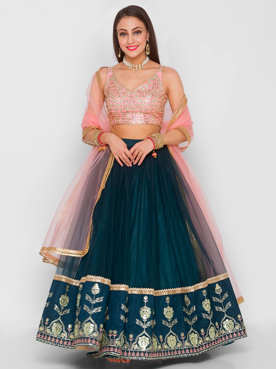 

6Y COLLECTIVE Green & Pink Embroidered Sequinned Semi-Stitched Lehenga & Unstitched Blouse With Dupatta