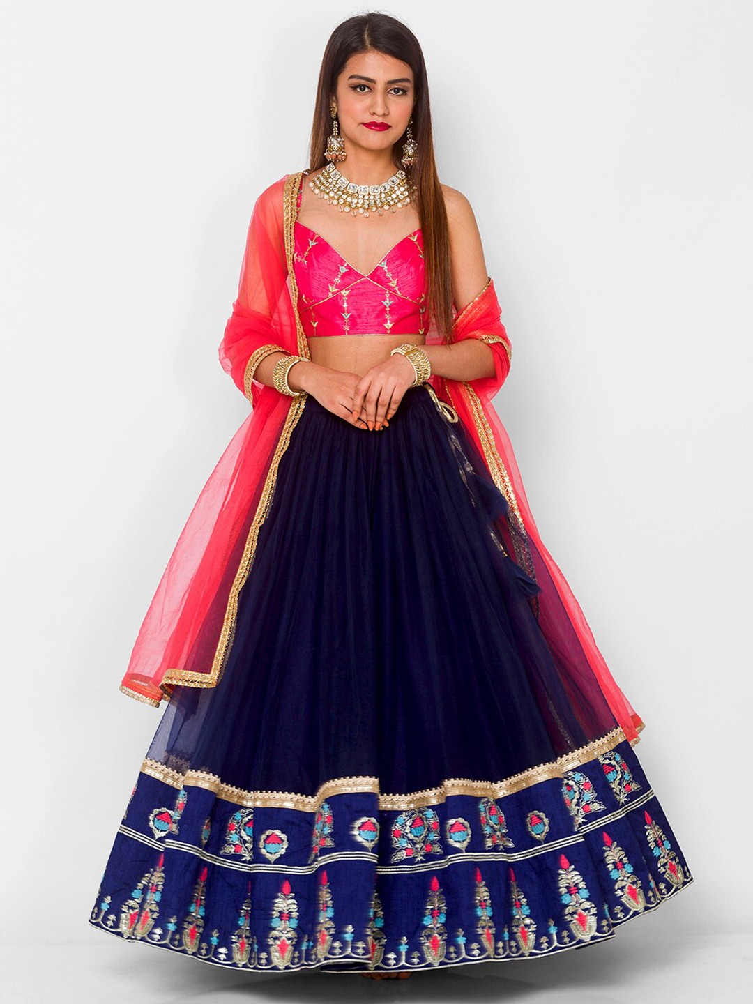 

6Y COLLECTIVE Navy Blue & Pink Semi-Stitched Lehenga & Unstitched Blouse With Dupatta