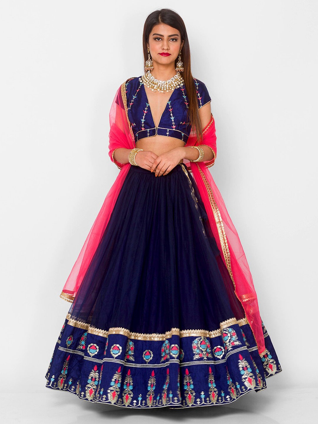 

6Y COLLECTIVE Women Embellished Sequinned Semi-Stitched Lehenga Set, Navy blue