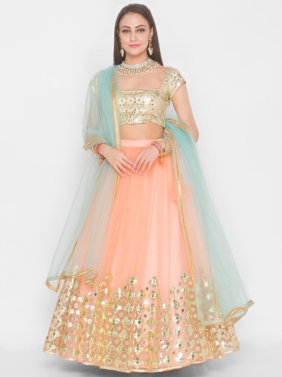 

6Y COLLECTIVE Women Sequinned Semi-Stitched Lehenga & Unstitched Blouse With Dupatta, Coral