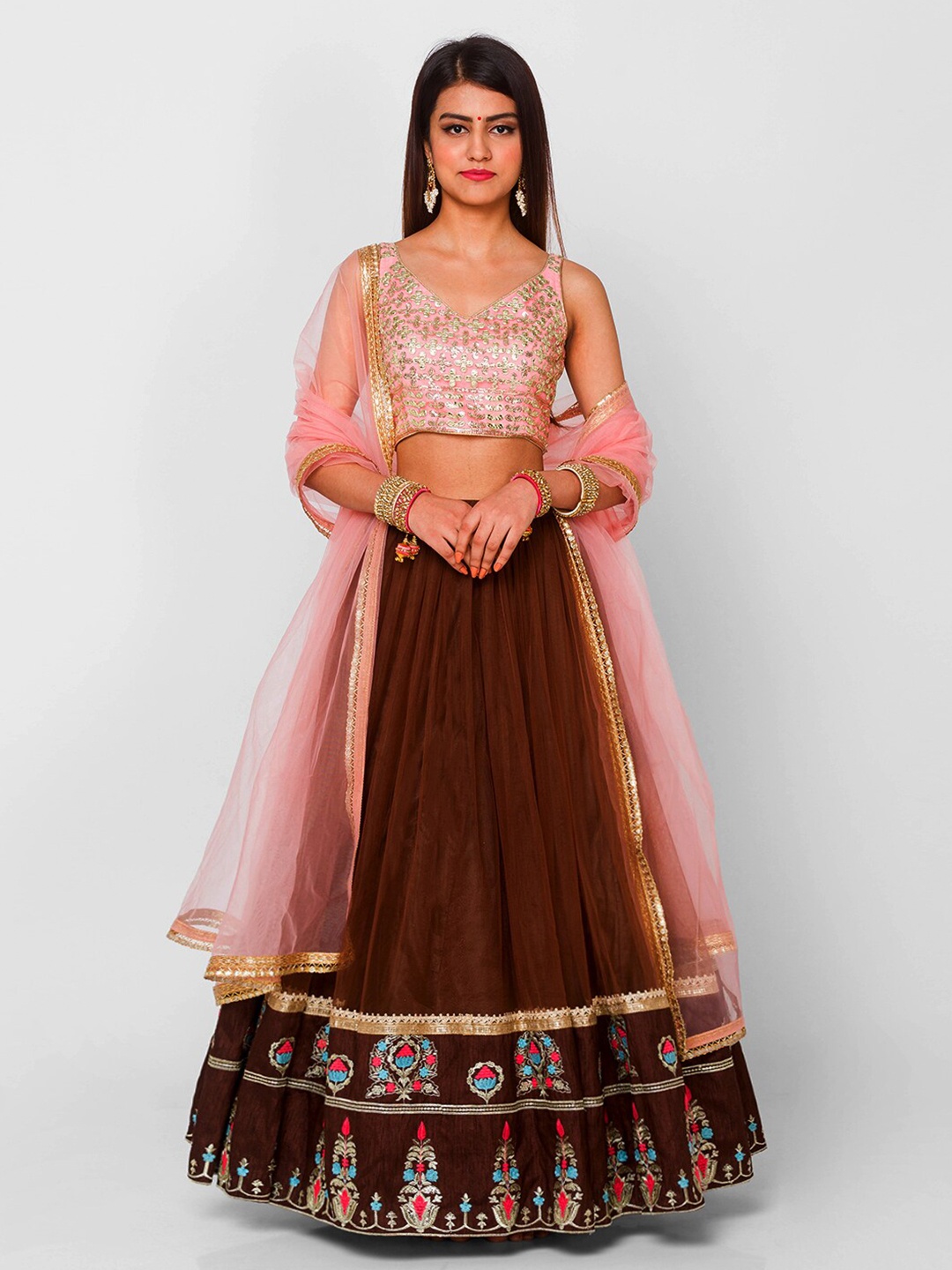 

6Y COLLECTIVE Coffee Brown & Pink Semi-Stitched Lehenga & Unstitched Blouse With Dupatta