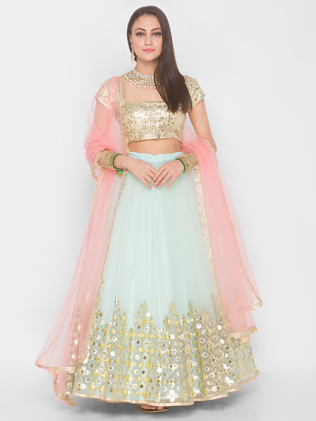 

6Y COLLECTIVE Turquoise Blue Embellished Semi-Stitched Lehenga & Unstitched Blouse Set