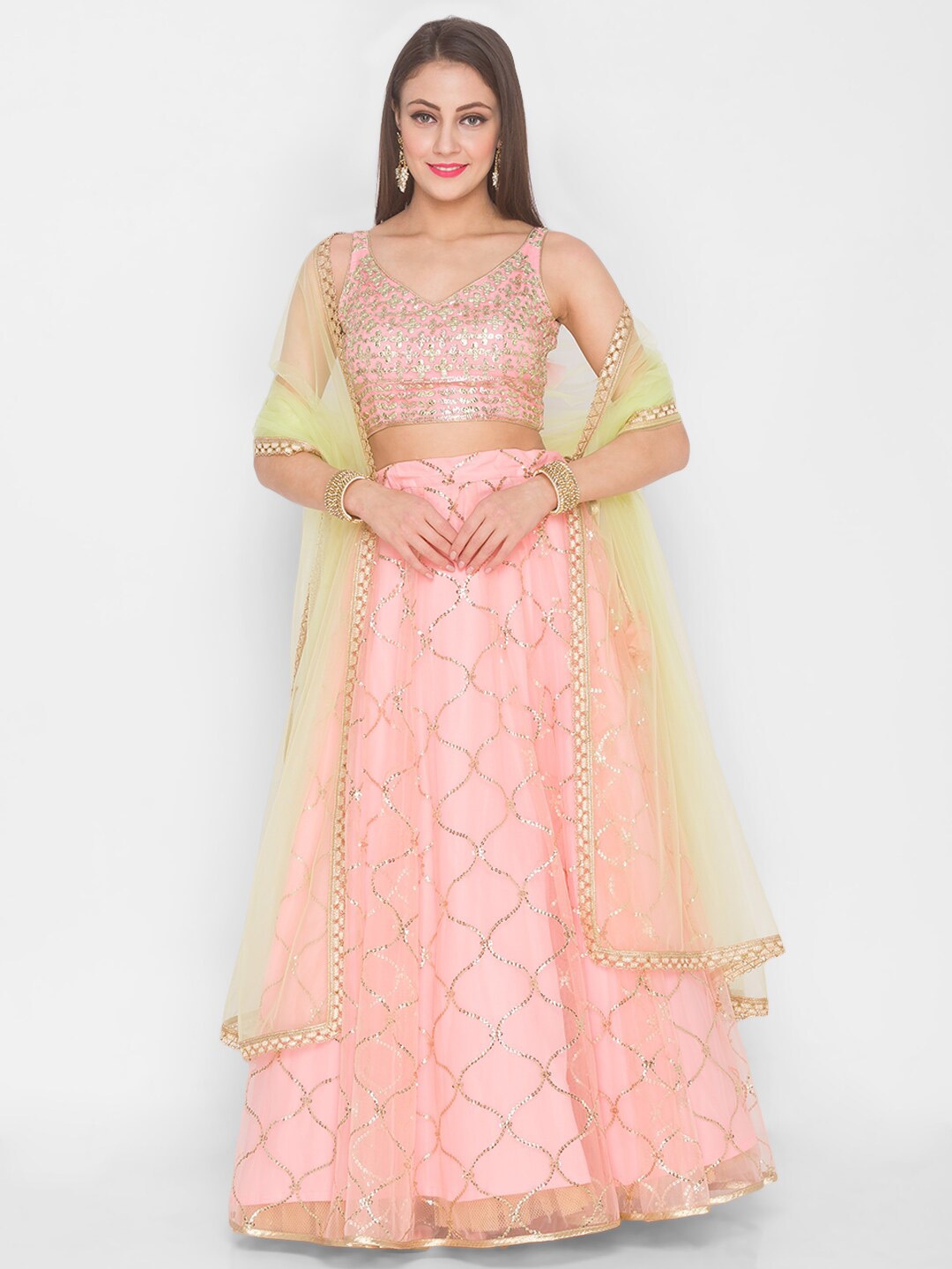 

6Y COLLECTIVE Peach Embellished Semi-Stitched Lehenga & Unstitched Blouse With Dupatta