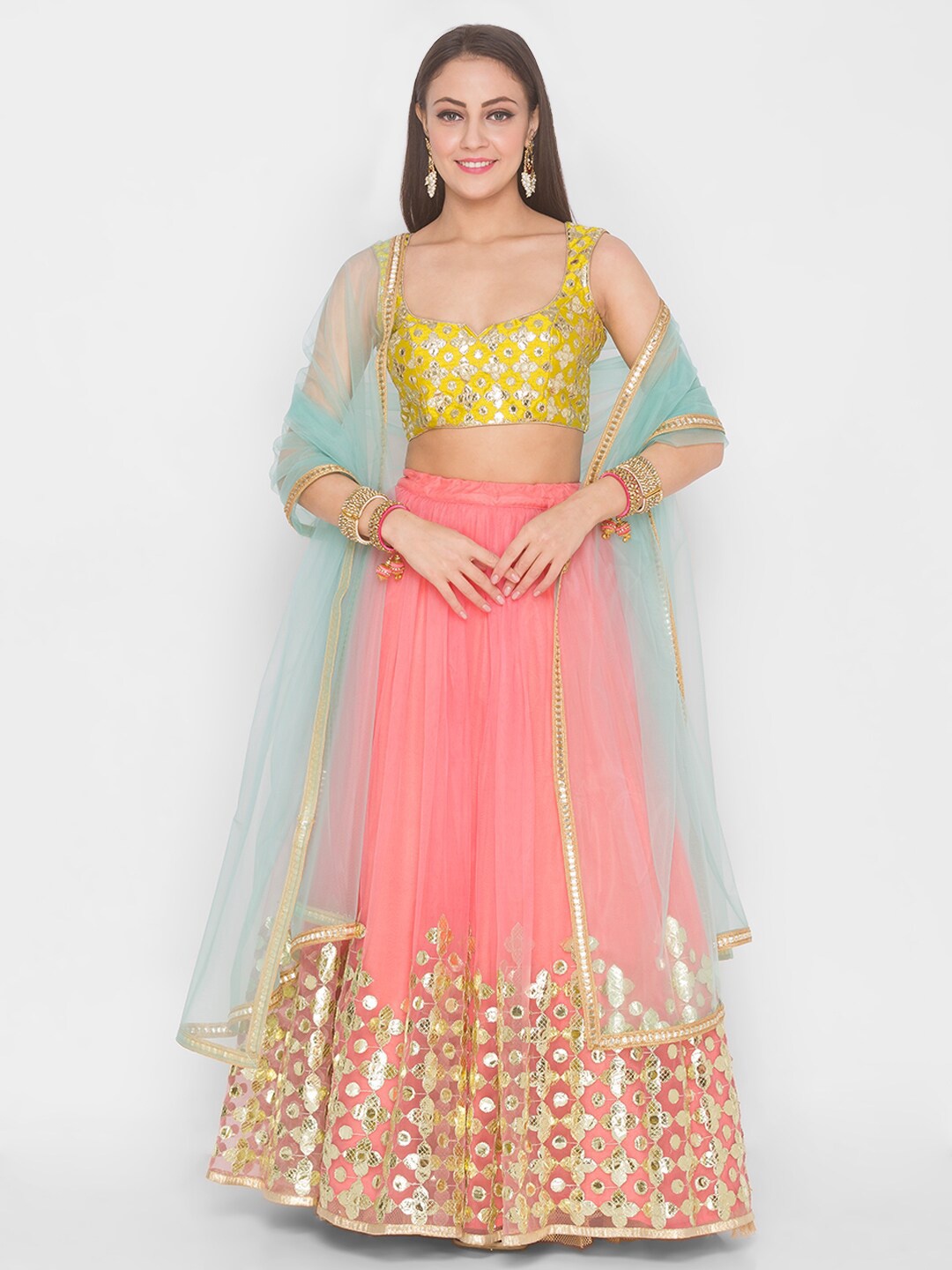 

6Y COLLECTIVE Pink Embellished Semi-Stitched Lehenga & Unstitched Blouse With Dupatta