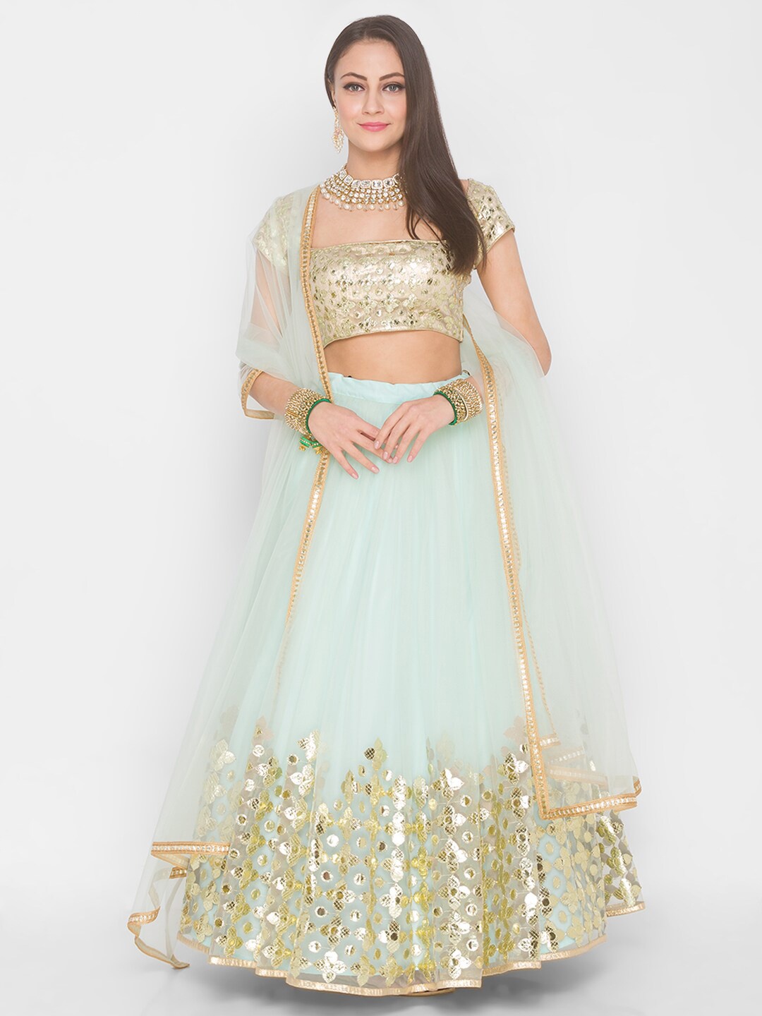 

6Y COLLECTIVE Turquoise Blue Embellished Semi-Stitched Lehenga & Unstitched Blouse Set