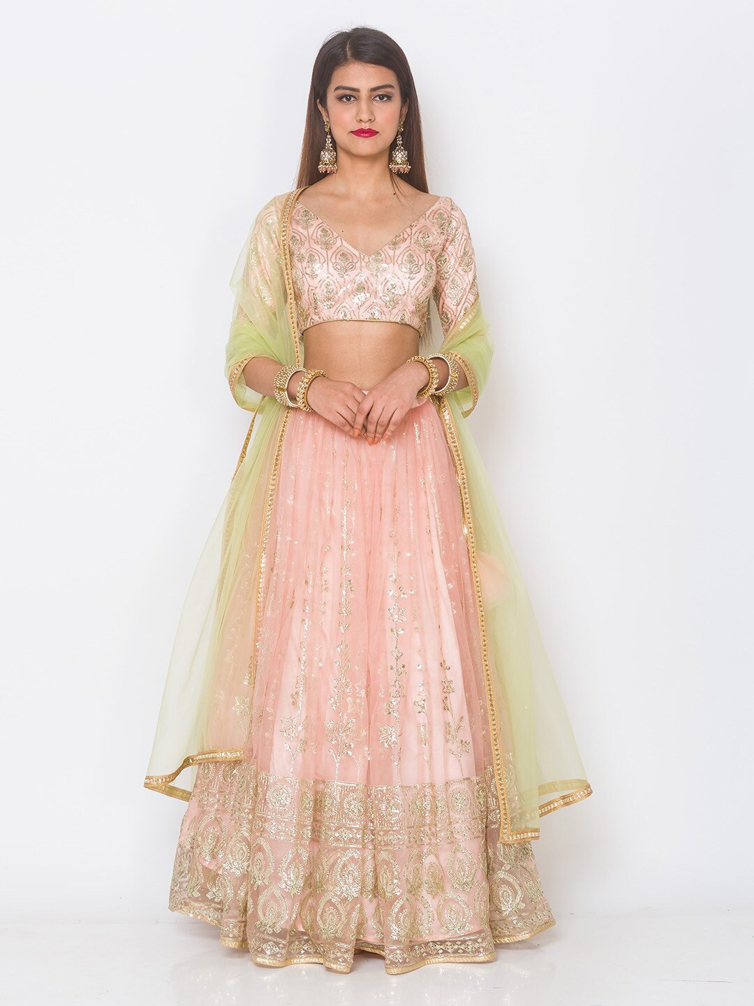 

6Y COLLECTIVE Peach Embellished Semi-Stitched Lehenga & Unstitched Blouse With Dupatta