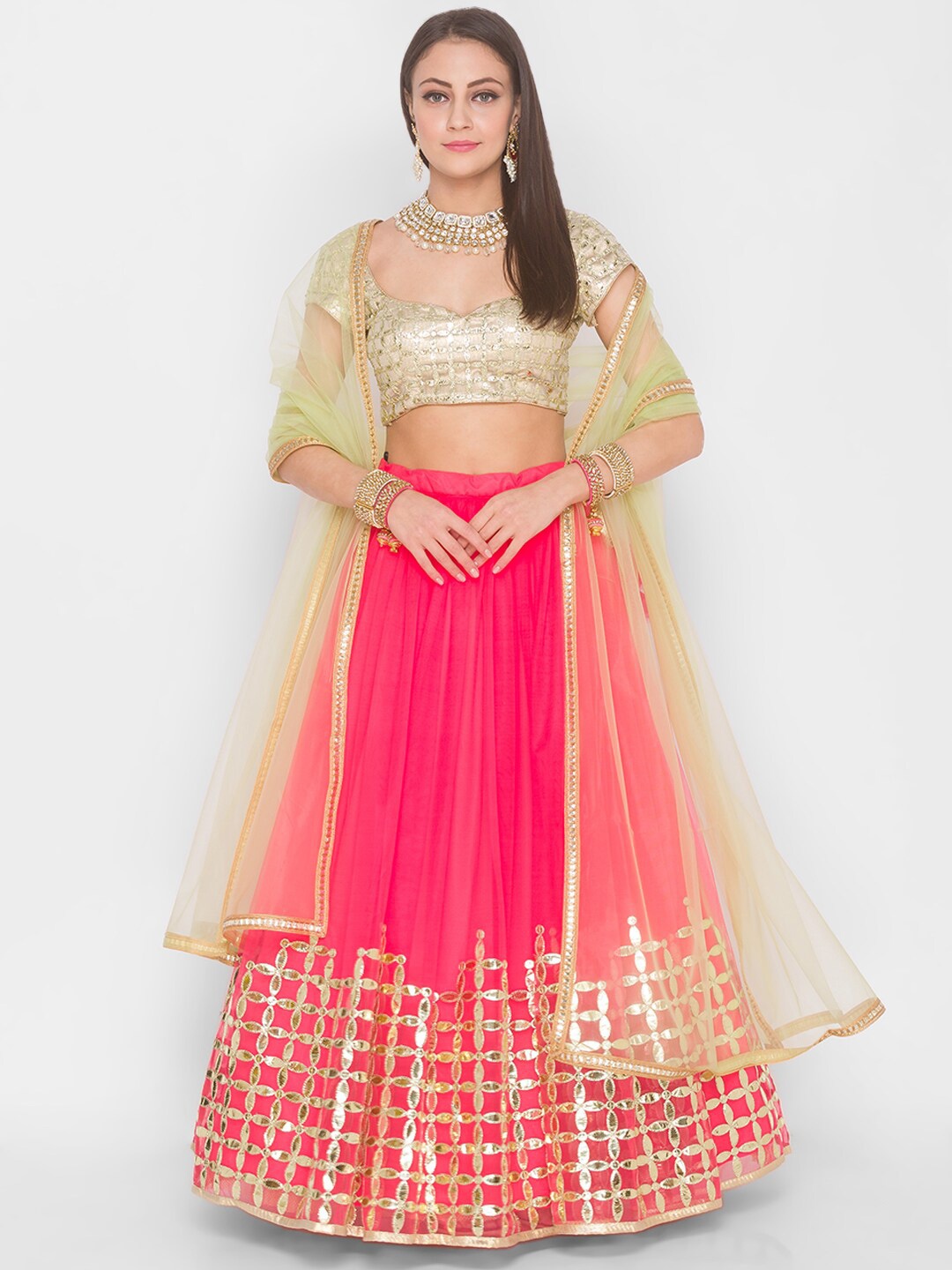 

6Y COLLECTIVE Pink Embellished Semi-Stitched Lehenga & Unstitched Blouse With Dupatta