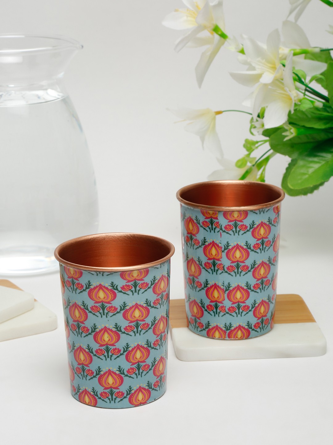 

EK BY EKTA KAPOOR Pink & Blue Pack Of 2 Printed Copper Glass - 300 ml