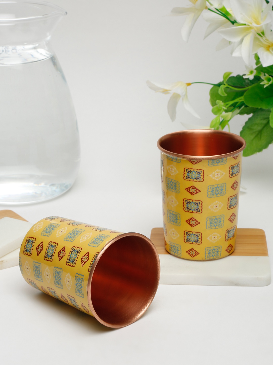 

EK BY EKTA KAPOOR Yellow & Red Pack Of 2 Tile Printed Copper Matte Cups 300ML