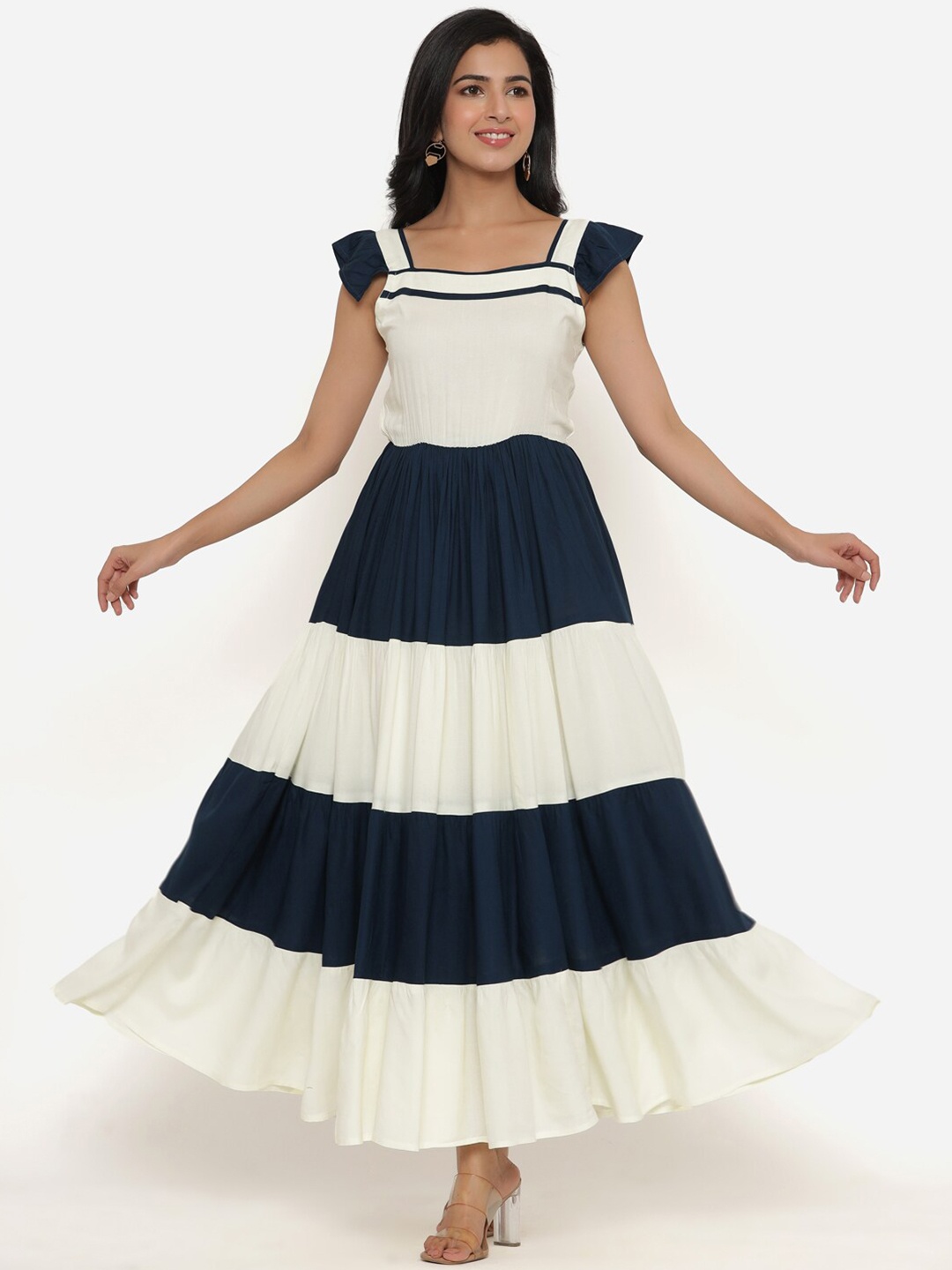 

PURSHOTTAM WALA Cream-Coloured & Navy Blue Colourblocked Maxi Dress