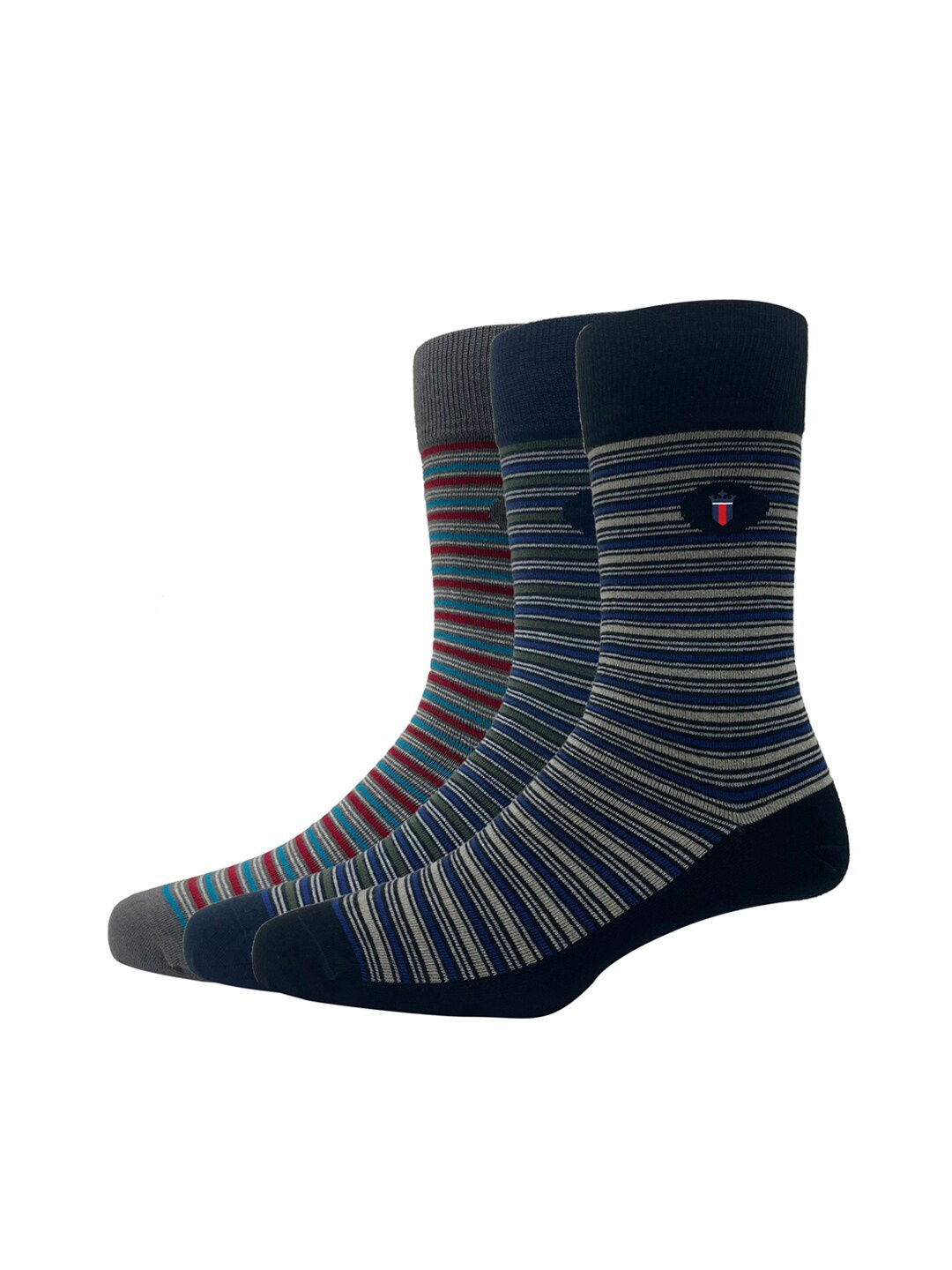 

Louis Philippe Men Pack Of 3 Grey & Navy Striped Cotton Cal-Length Socks