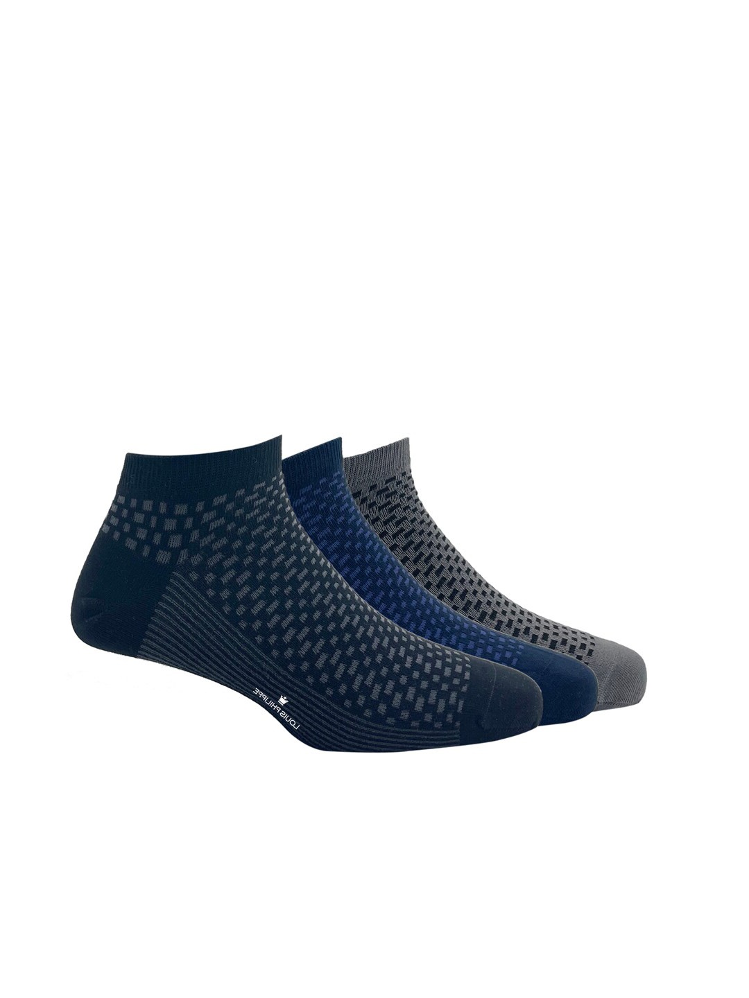 

Louis Philippe Men Pack Of 3 Patterned Cotton Ankle Length Socks, Grey