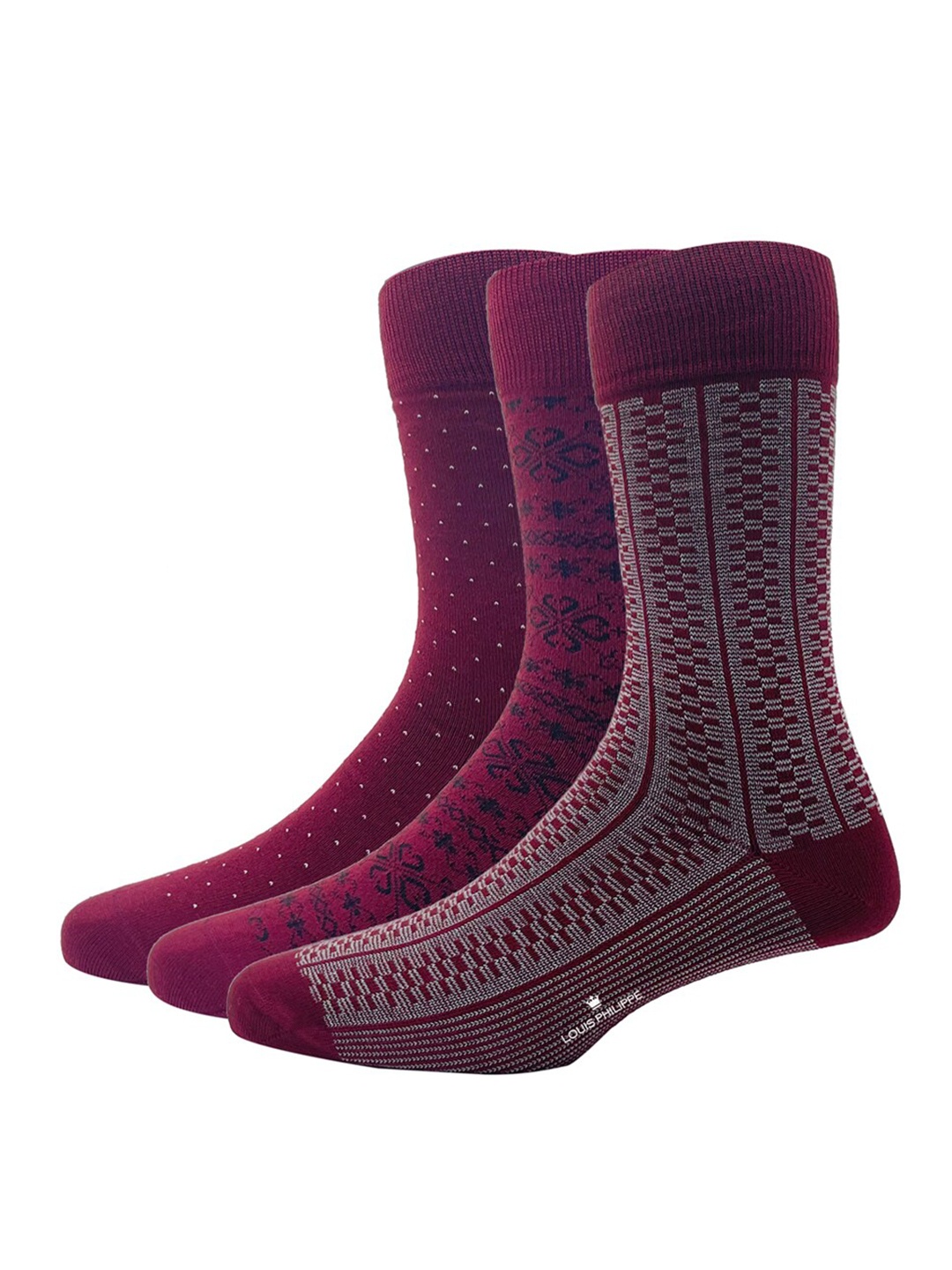 

Louis Philippe Men Pack Of 3 Patterned Cotton Calf Length Socks, Maroon