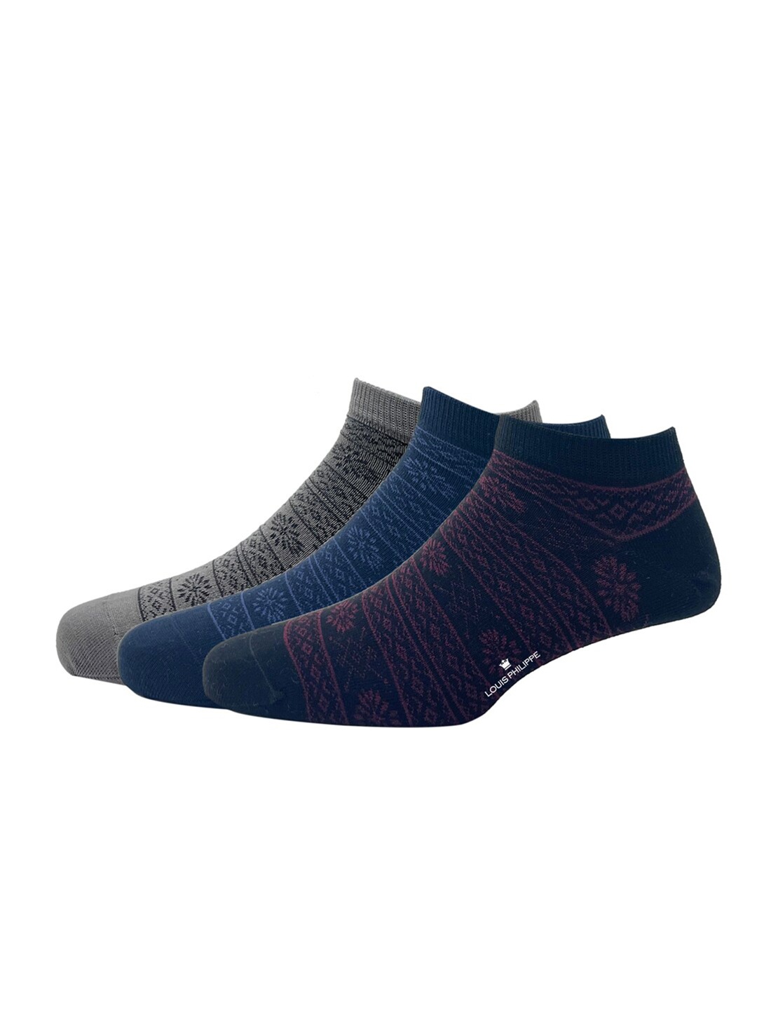 

Louis Philippe Men Pack Of 3 Patterned Cotton Ankle Length Socks, Grey