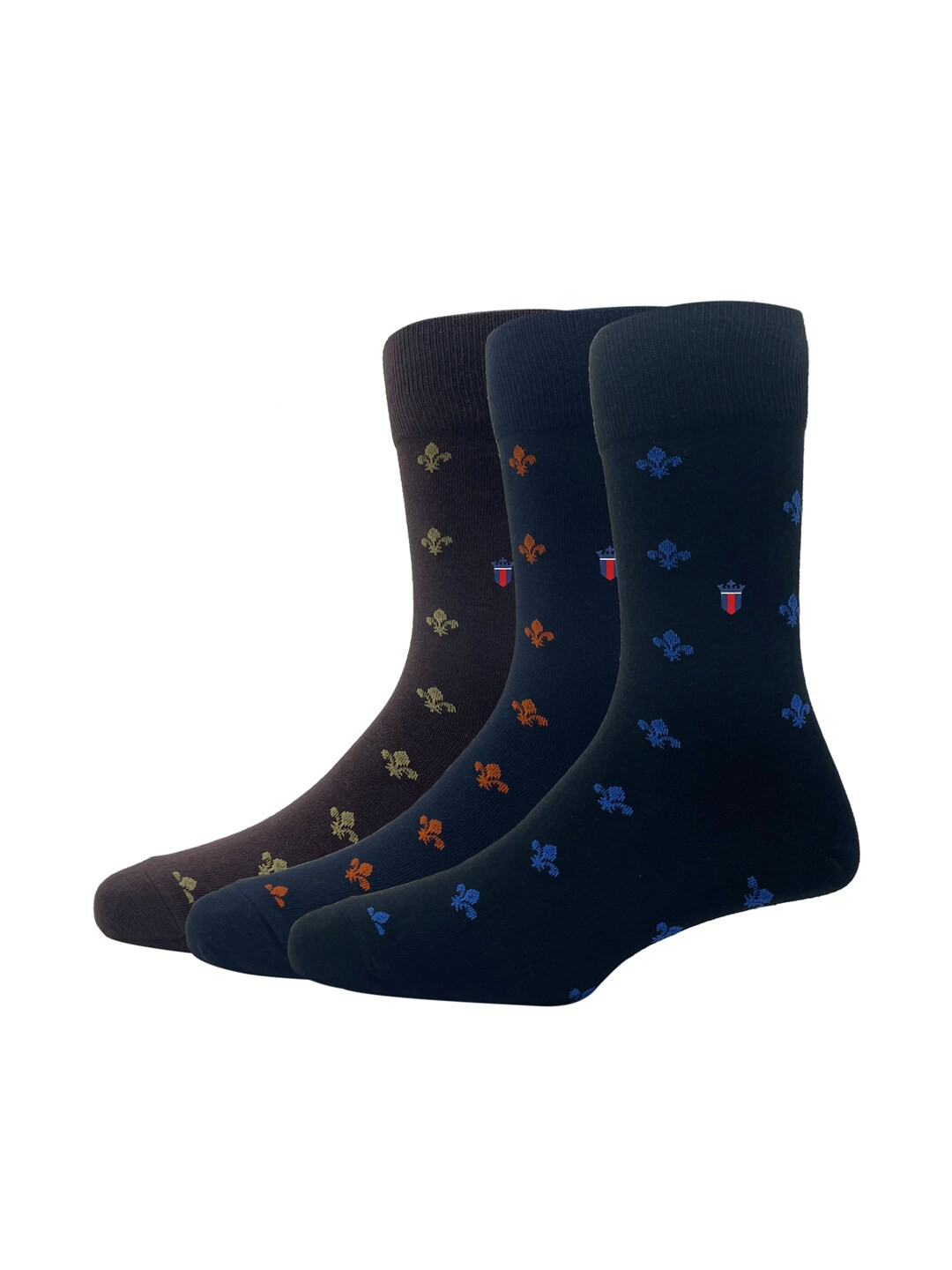 

Louis Philippe Men Pack Of 3 Patterned Cotton Calf-Length Socks, Brown