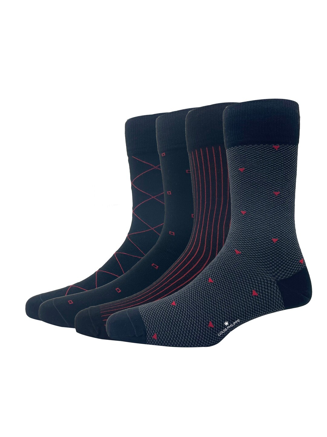 

Louis Philippe Men Pack Of 4 Patterned Cotton Calf Length Socks, Black