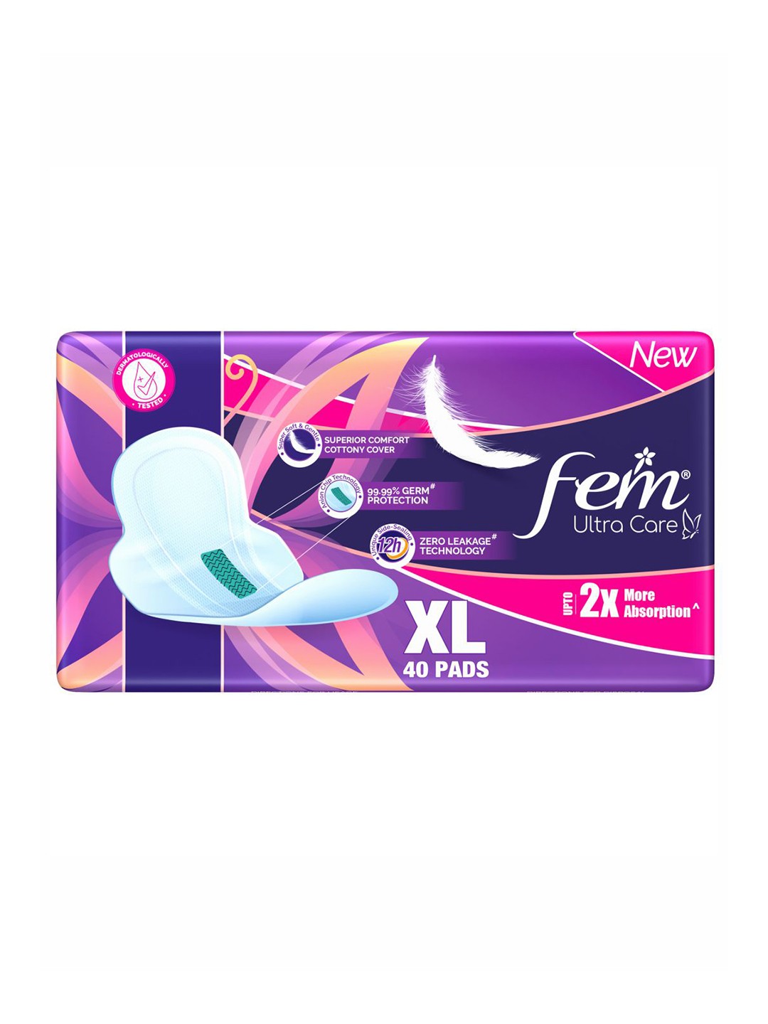 

fem Ultra Care XL Sanitary Napkins with Zero-Leak Technology - 40 Pads, Purple