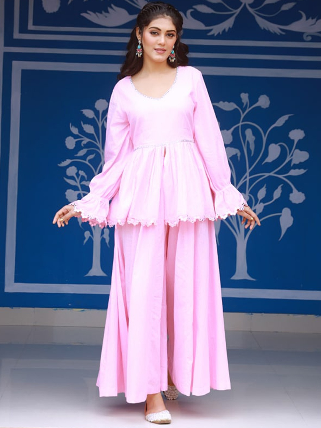

Baisacrafts Women High Slit Pure Cotton Fusion Kurta with Palazzos, Pink