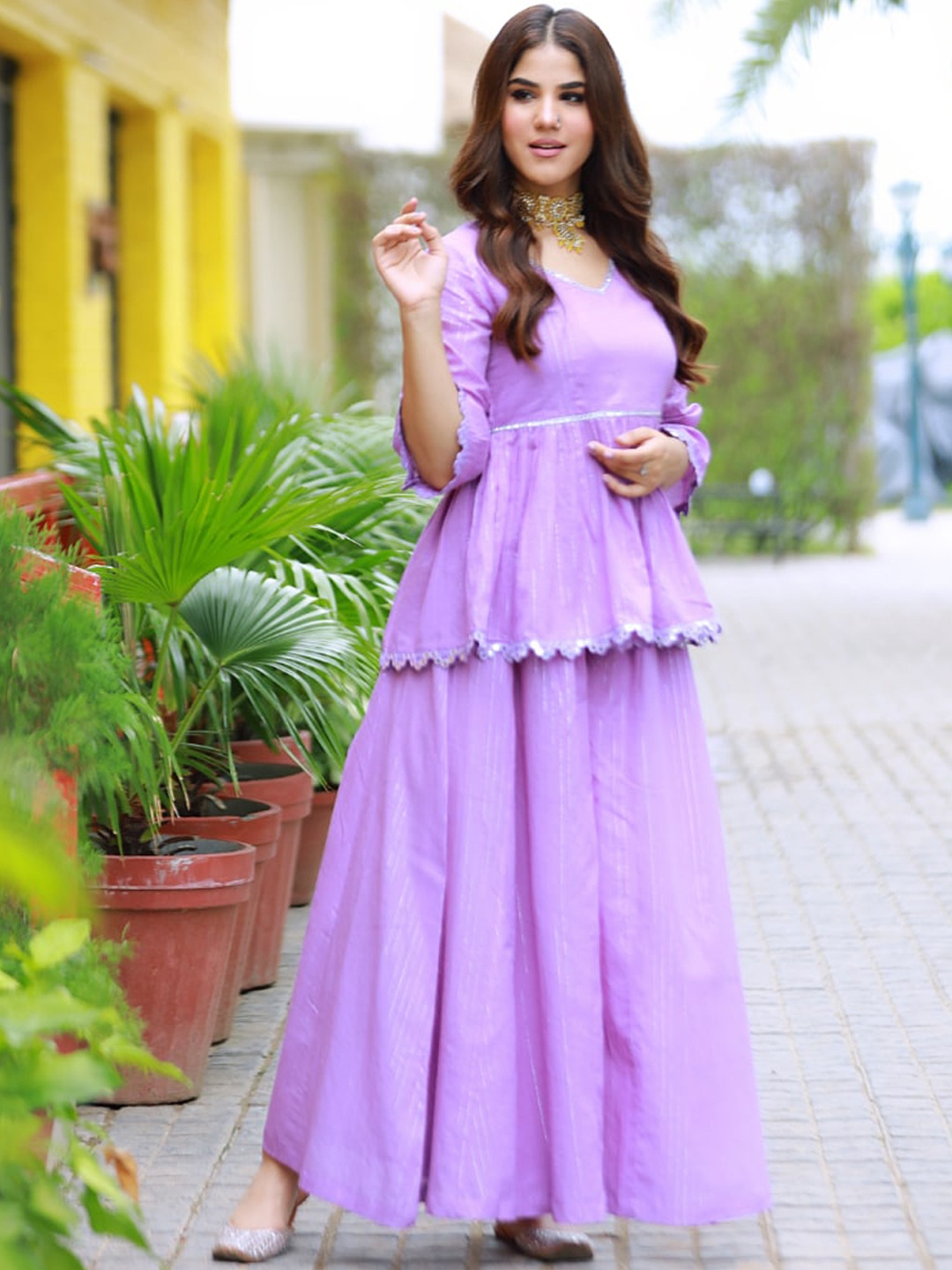 

Baisacrafts Women Striped Pure Cotton Kurti with Palazzos, Lavender