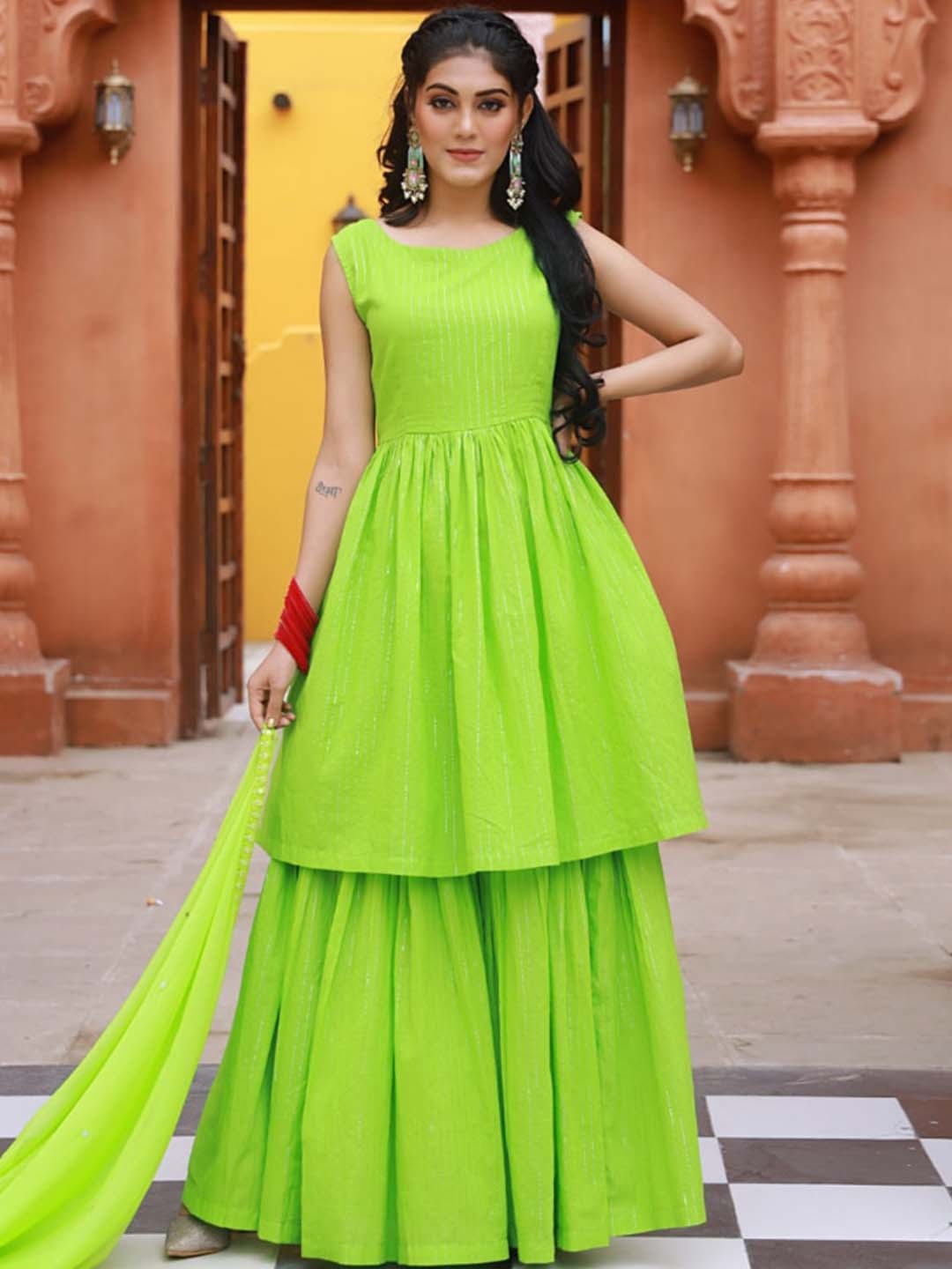 

Baisacrafts Women Pure Cotton Kurta with Sharara & Dupatta, Lime green