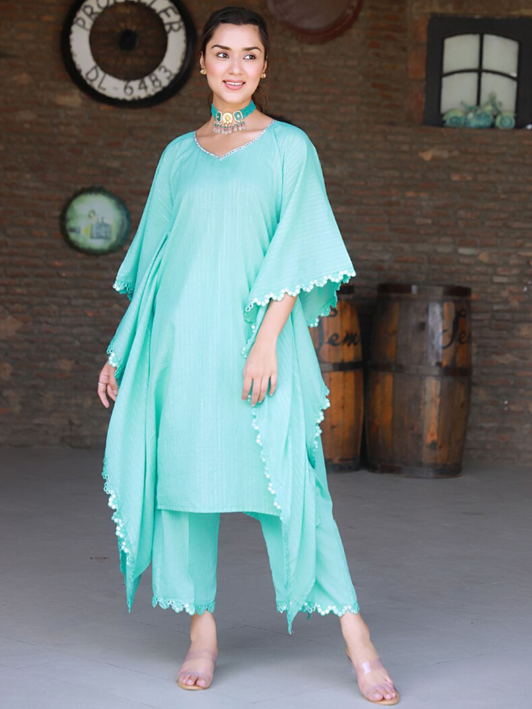 

Baisacrafts Women Striped Mirror Work Pure Cotton Kurta with Trouser & With Dupatta, Turquoise blue