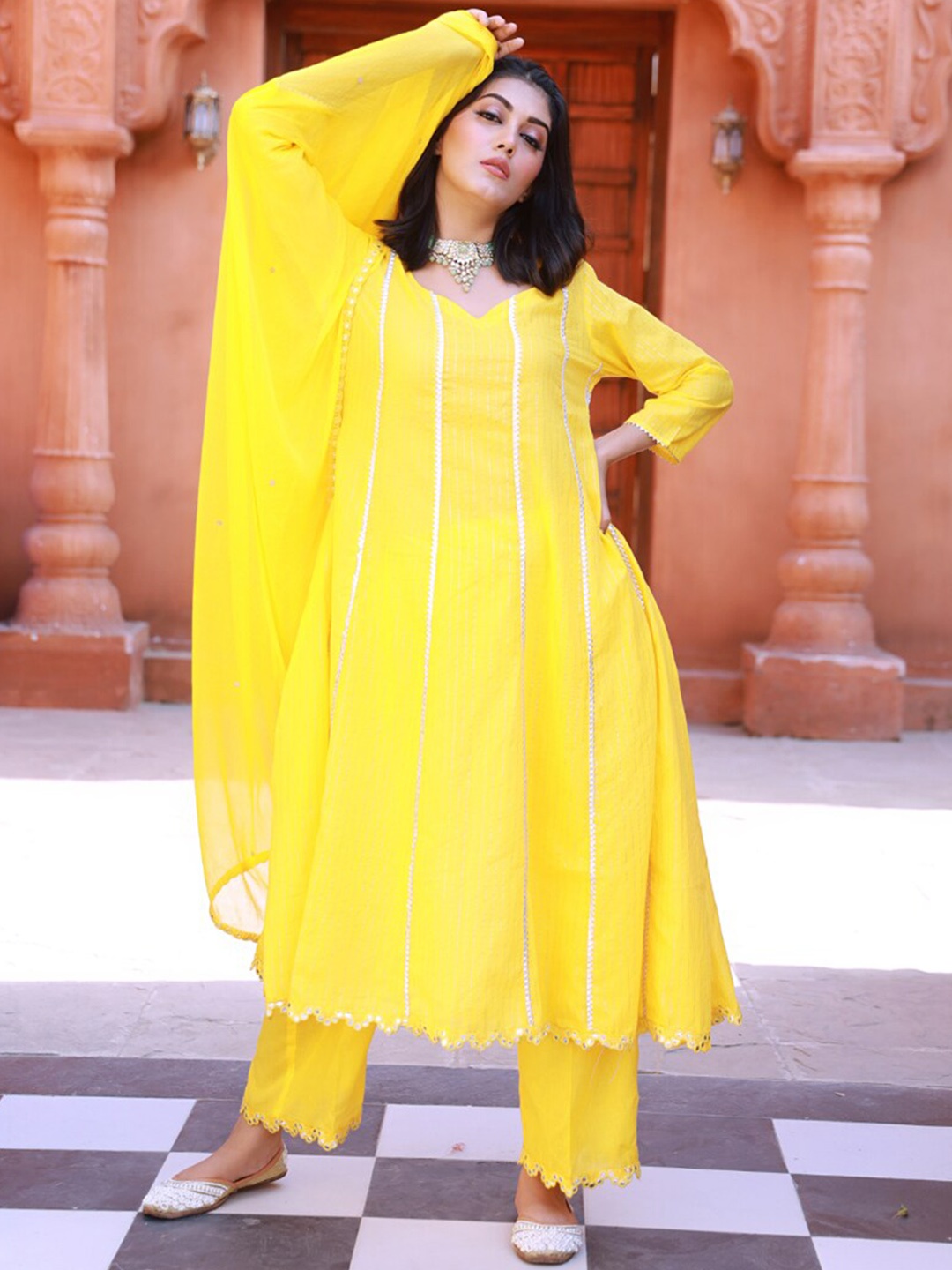 

Baisacrafts Women Yellow Embroidered Pure Cotton Kurta with Salwar & With Dupatta