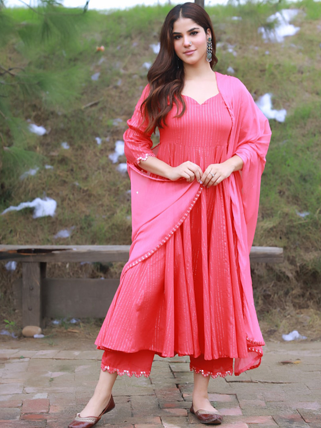 

Baisacrafts Women Striped Empire Mirror Work Pure Cotton Kurta Palazzos & Dupatta, Coral