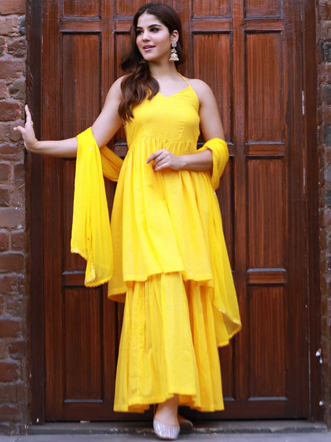 

Baisacrafts Women Striped Pure Cotton Kurta with Sharara & Dupatta, Yellow