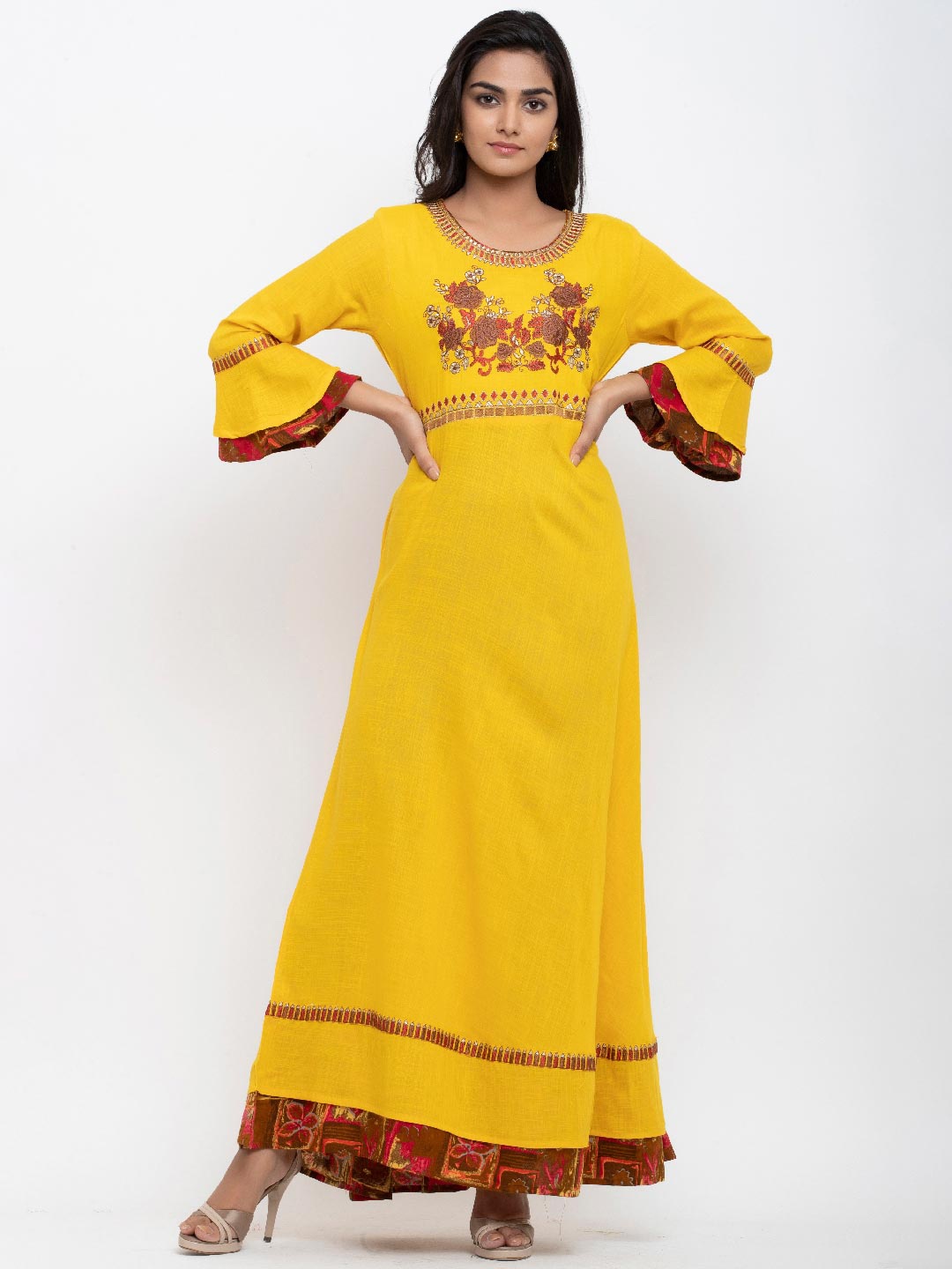 

Tistabene Women Yellow & Maroon Bell Sleeves Thread Work Anarkali Kurta