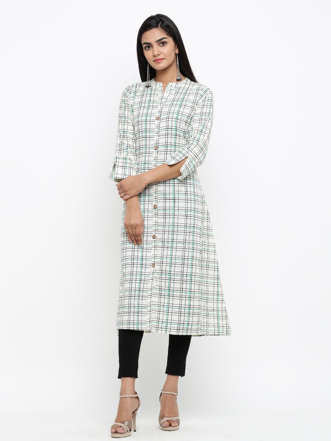 

Tistabene Women White & Turquoise Blue Checked Kurta