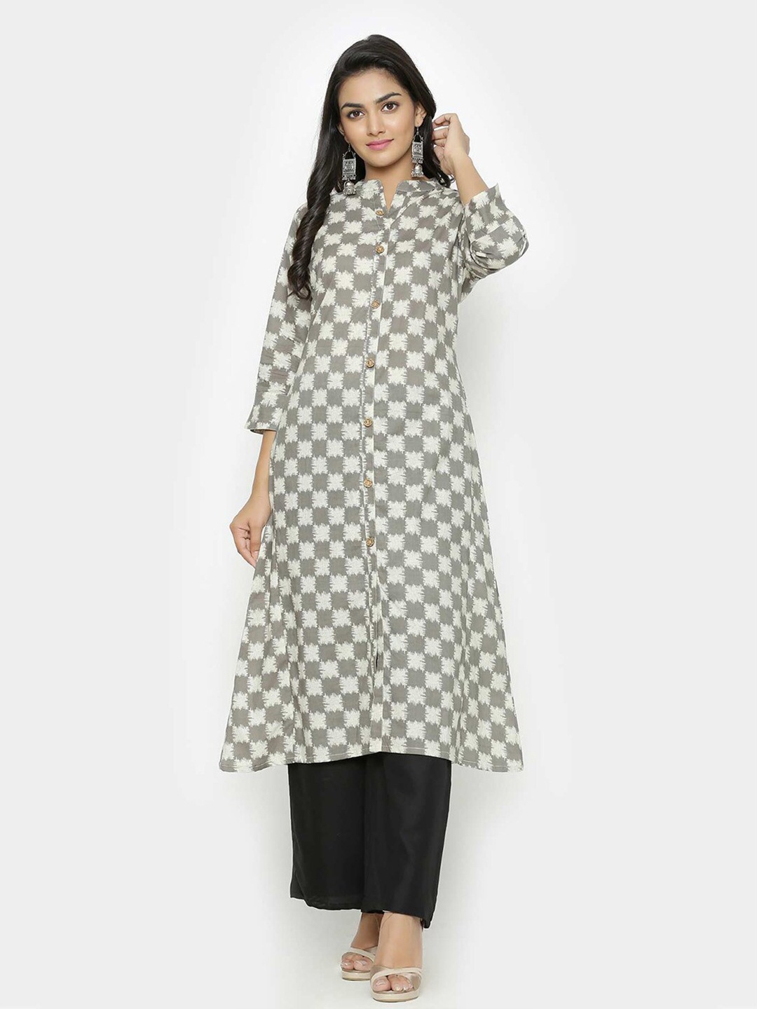 

Tistabene Women Grey & Off White Checked Kurta