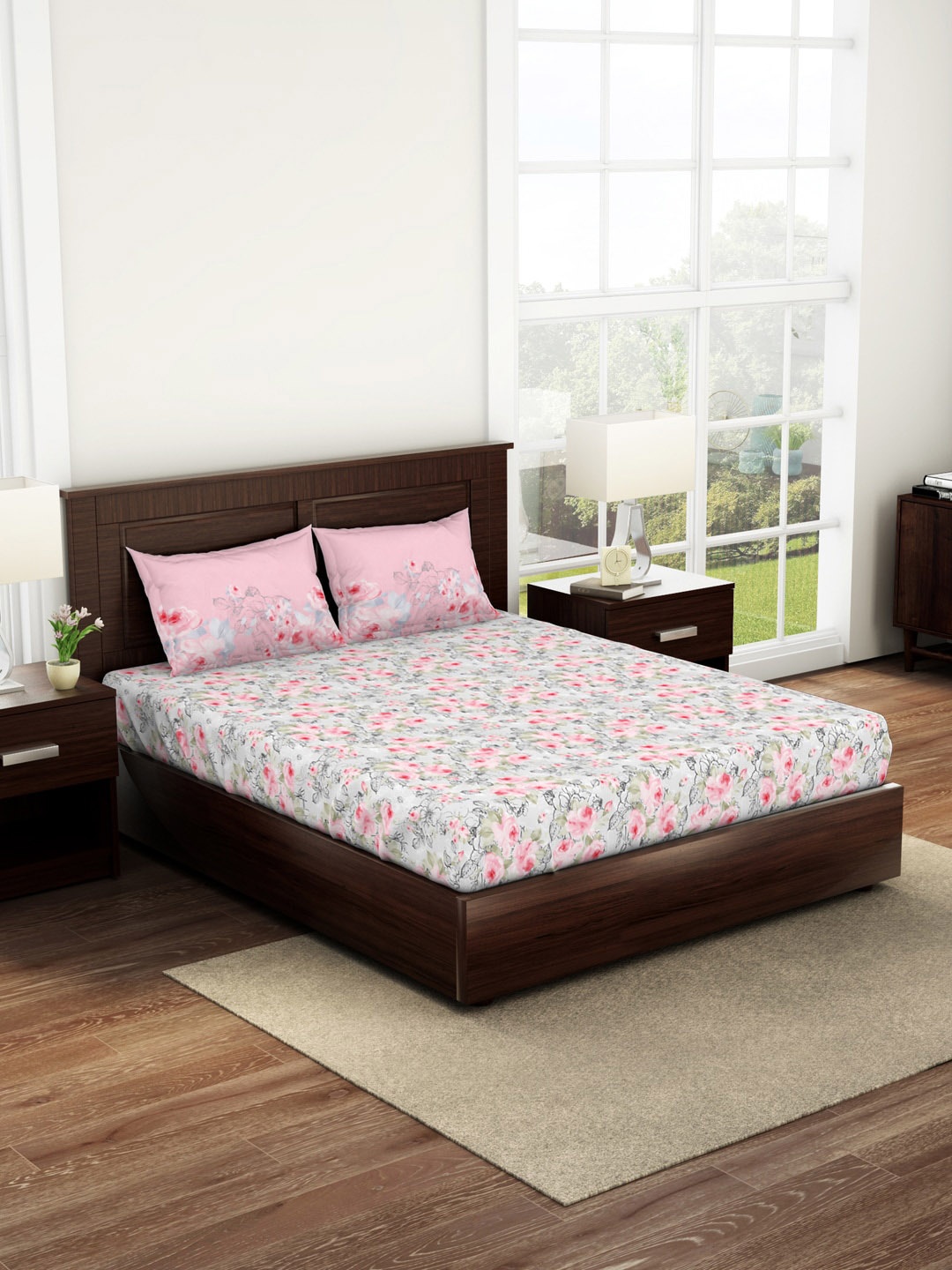 

SPACES Floral 144 TC King Cotton Bedsheet with 2 Pillow Covers, Pink