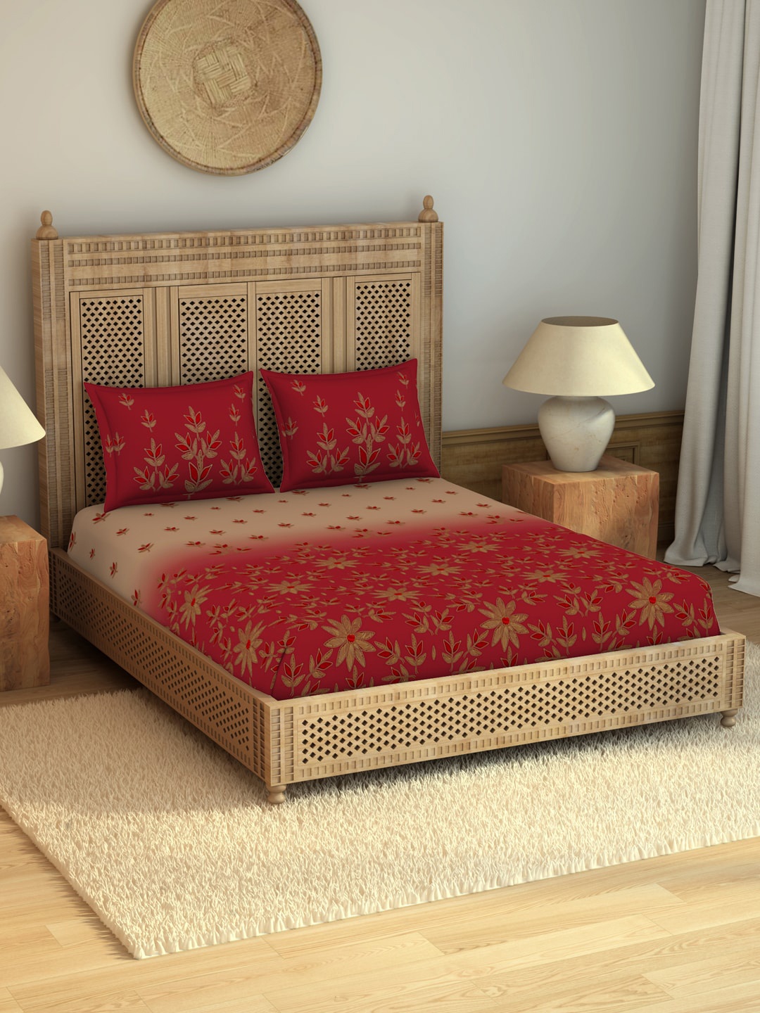 

SPACES Red & Gold-Toned Floral 100% Cotton 210 TC King Bedsheet with 2 Pillow Covers