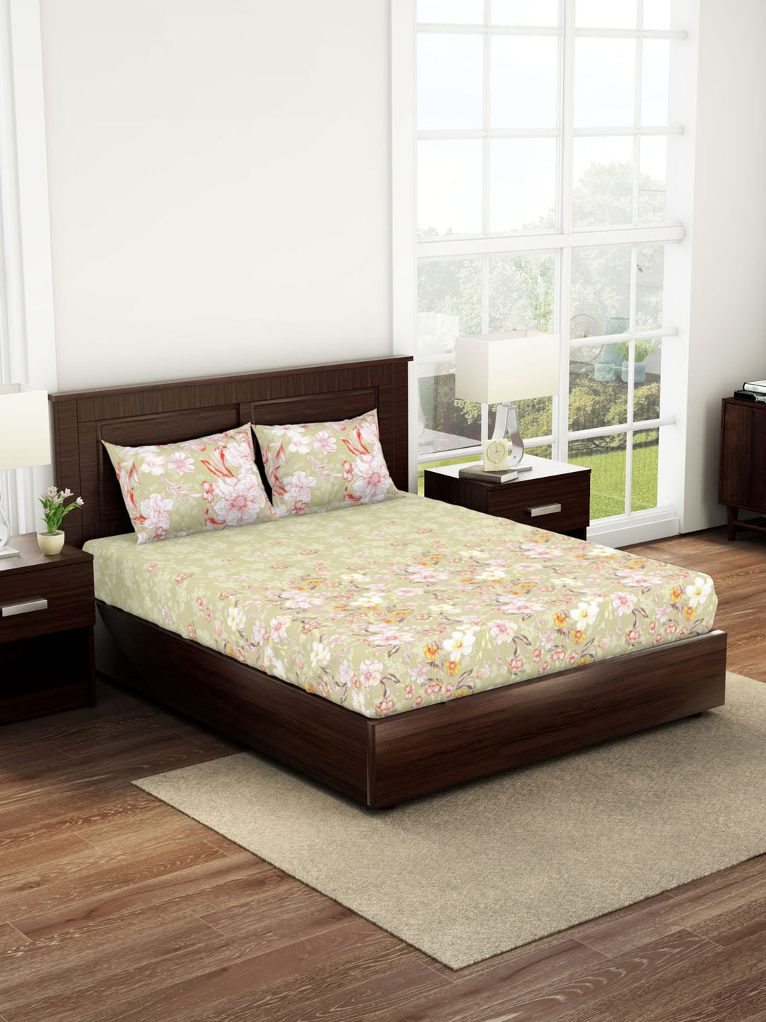 

SPACES Floral 180 TC King Cotton Bedsheet with 2 Pillow Covers, Yellow