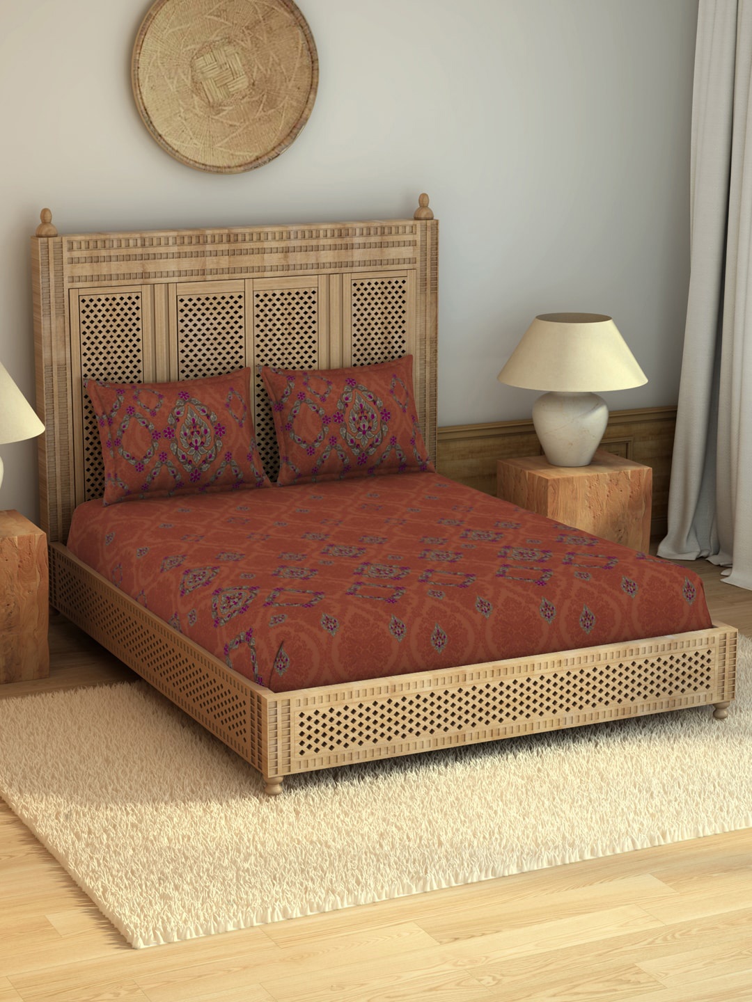 

SPACES Ethnic Motifs 210 TC King Cotton Bedsheet with 2 Pillow Covers, Rust