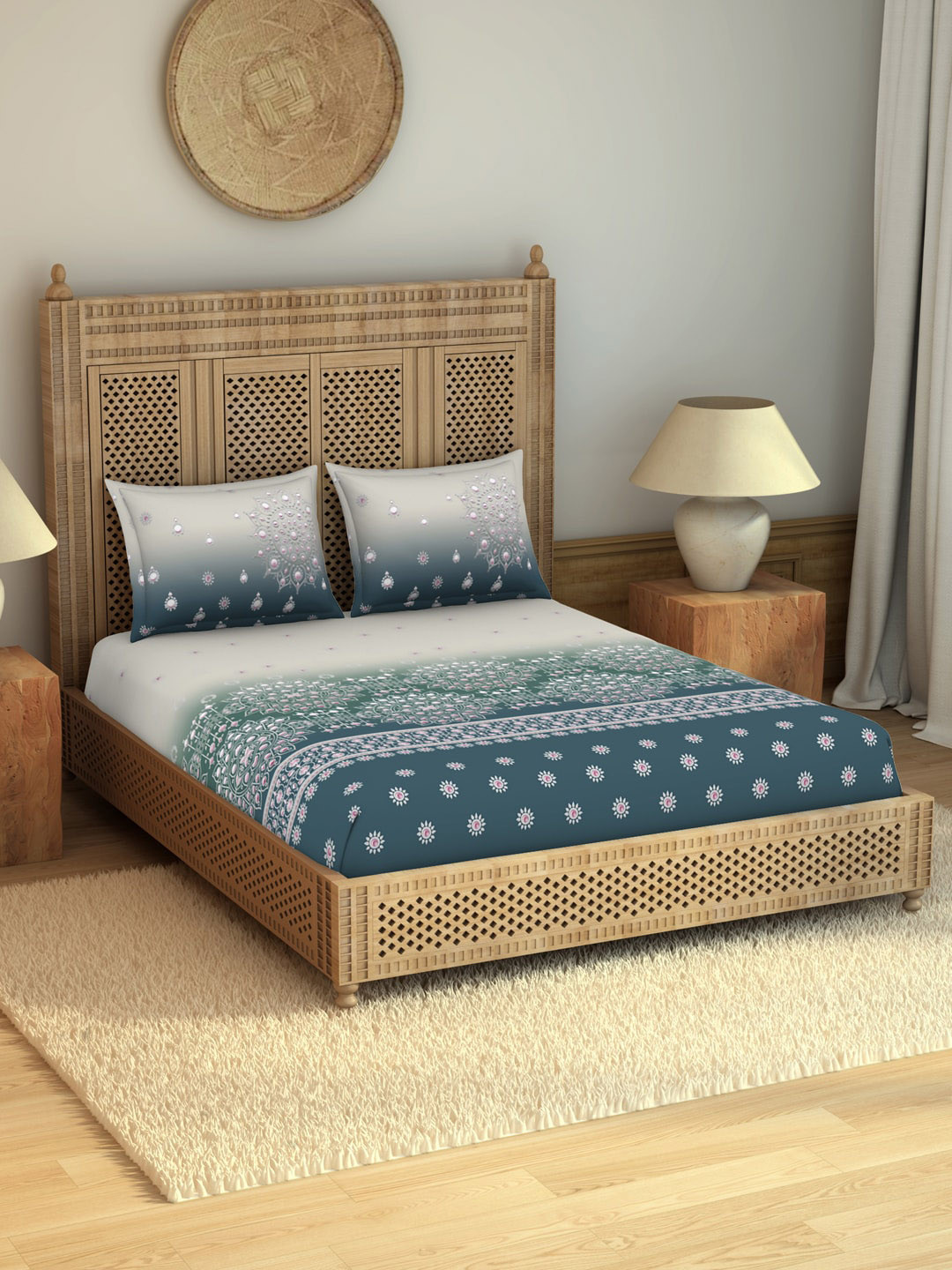 

SPACES Grey & Green Ethnic Motifs 100% Cotton 210 TC King Bedsheet with 2 Pillow Covers