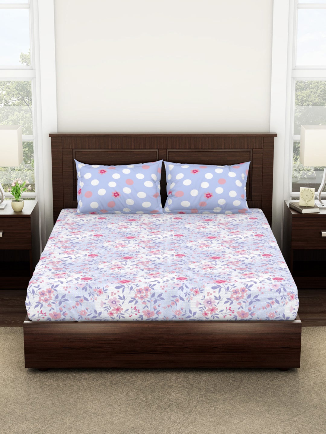 

SPACES Floral 180 TC Cotton King Bedsheet with 2 Pillow Covers, Violet
