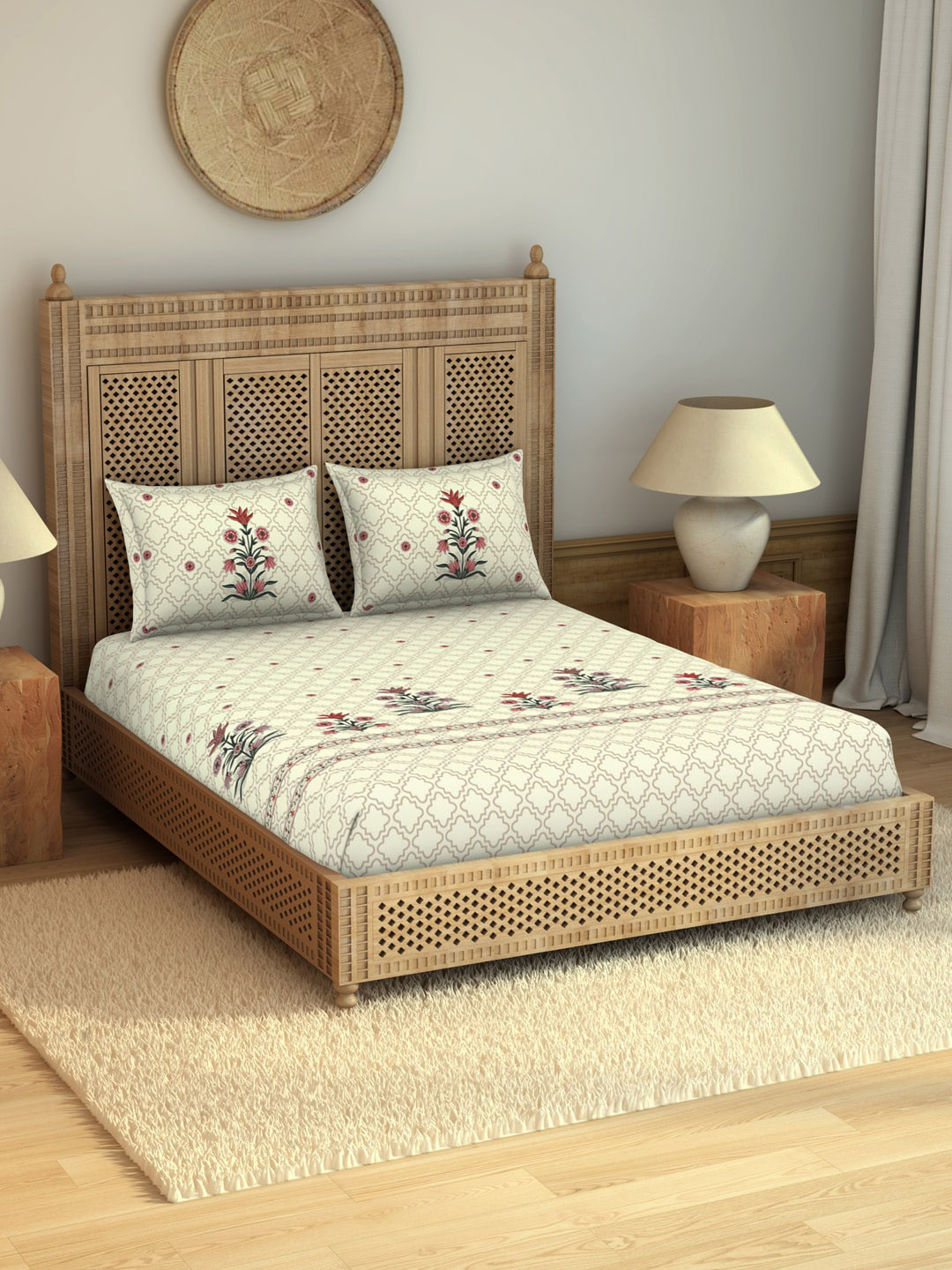 

SPACES Floral 210 TC King Cotton Bedsheet with 2 Pillow Covers, Cream