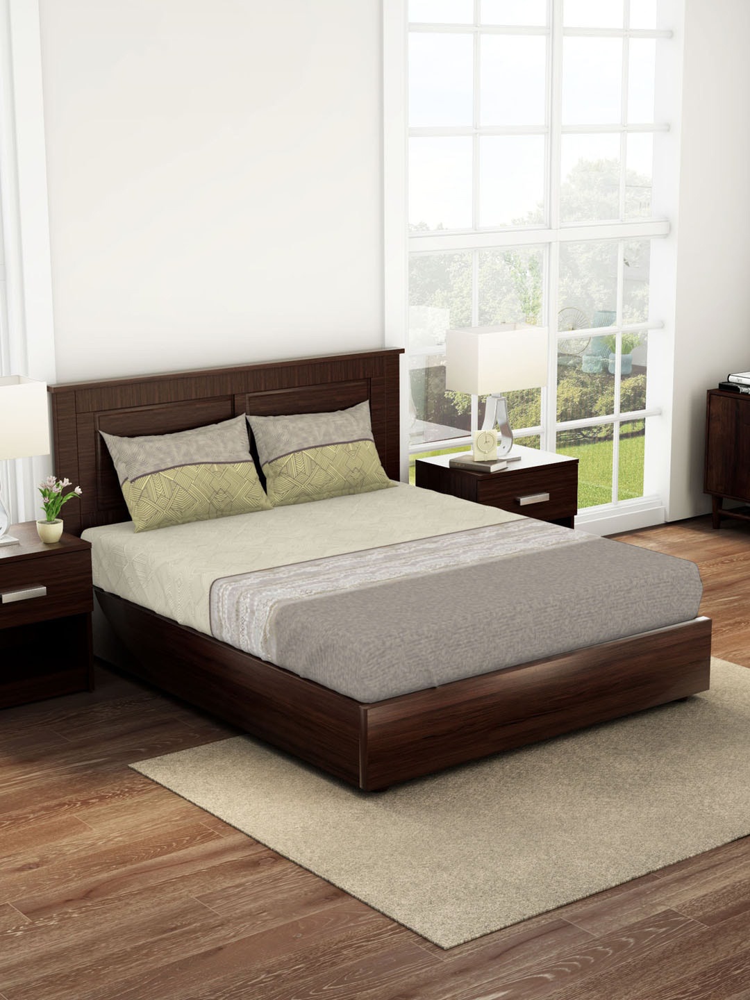 

SPACES Geometric 180 TC Queen Cotton Bedsheet with 2 Pillow Covers, Brown