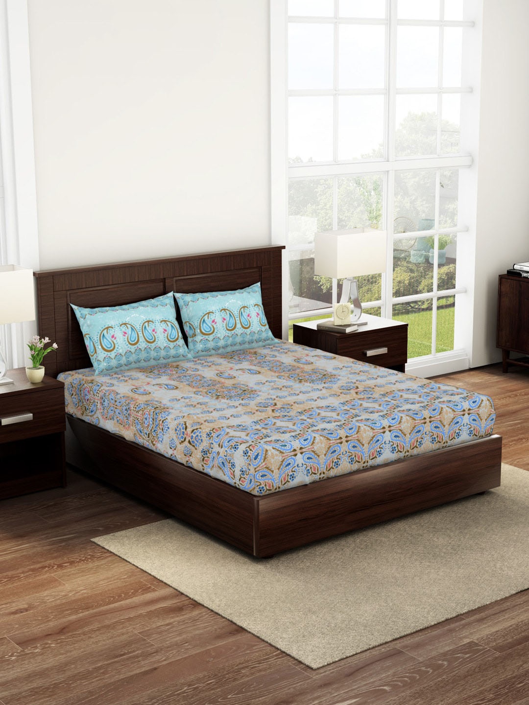

SPACES Ethnic Motifs 180 TC King Cotton Bedsheet with 2 Pillow Covers, Blue