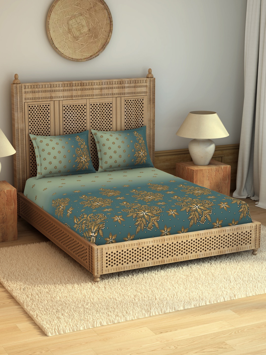 

SPACES Floral 350 TC King Cotton Bedsheet with 2 Pillow Covers, Teal