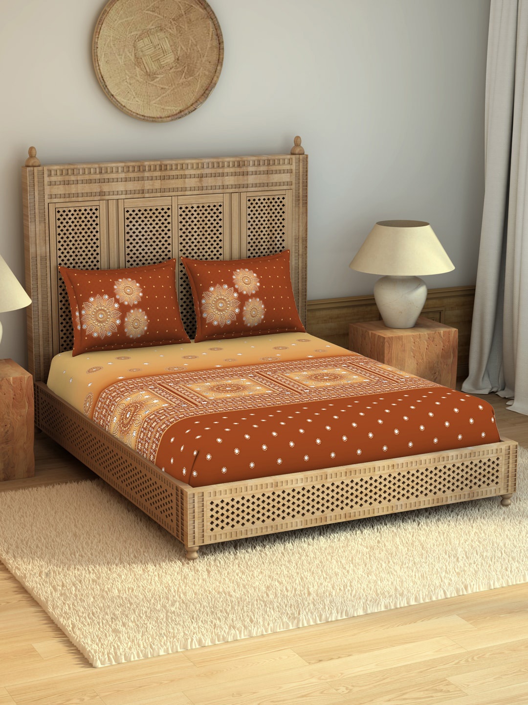 

SPACES Floral 210 TC King Cotton Bedsheet with 2 Pillow Covers, Rust