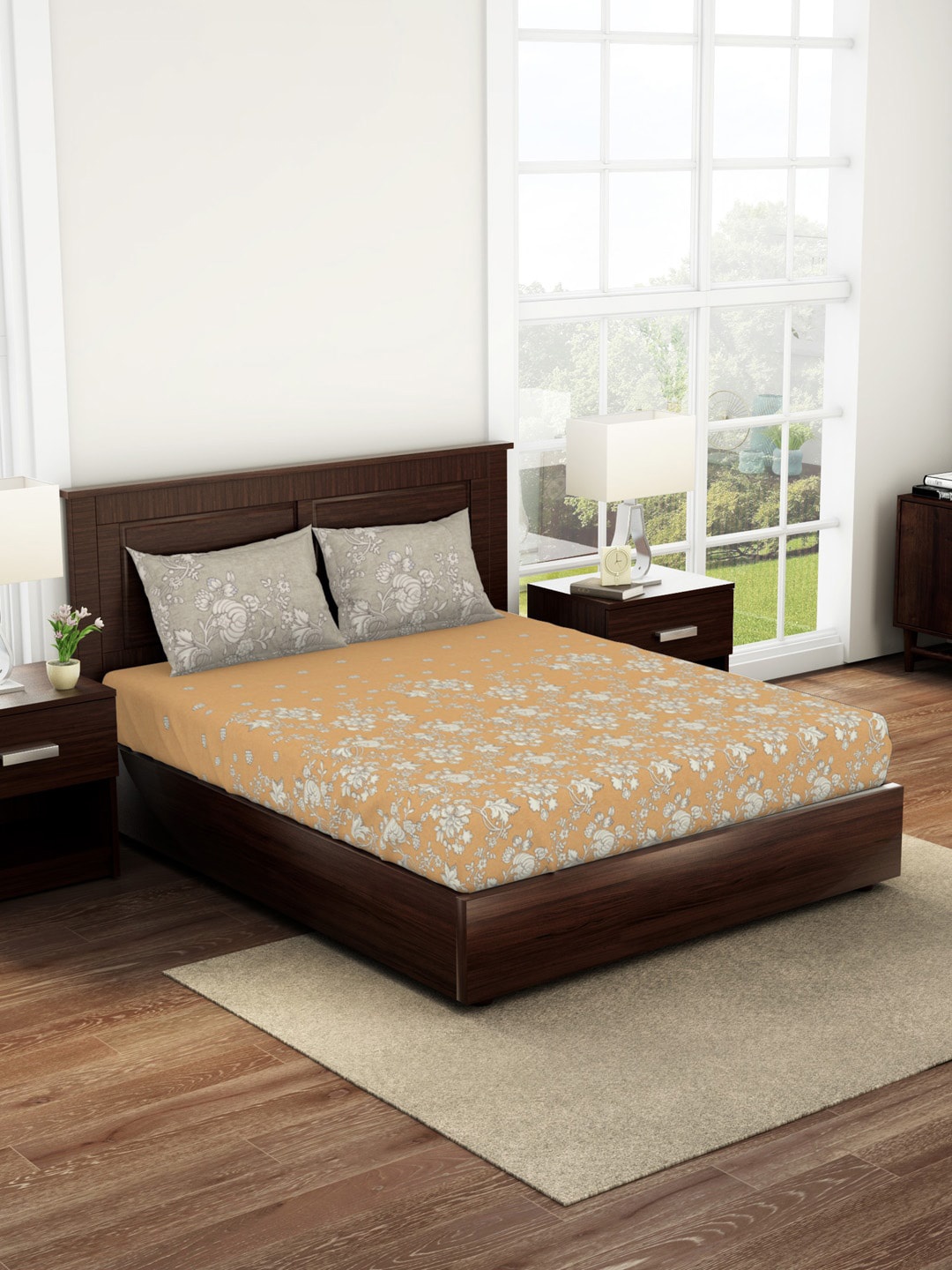 

SPACES Floral 180 TC Queen Cotton Bedsheet with 2 Pillow Covers, Peach