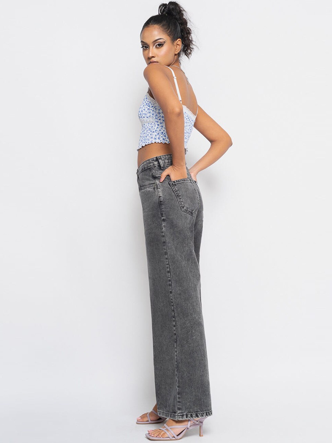 

FREAKINS Women Charcoal Flared High-Rise Heavy Fade Jeans