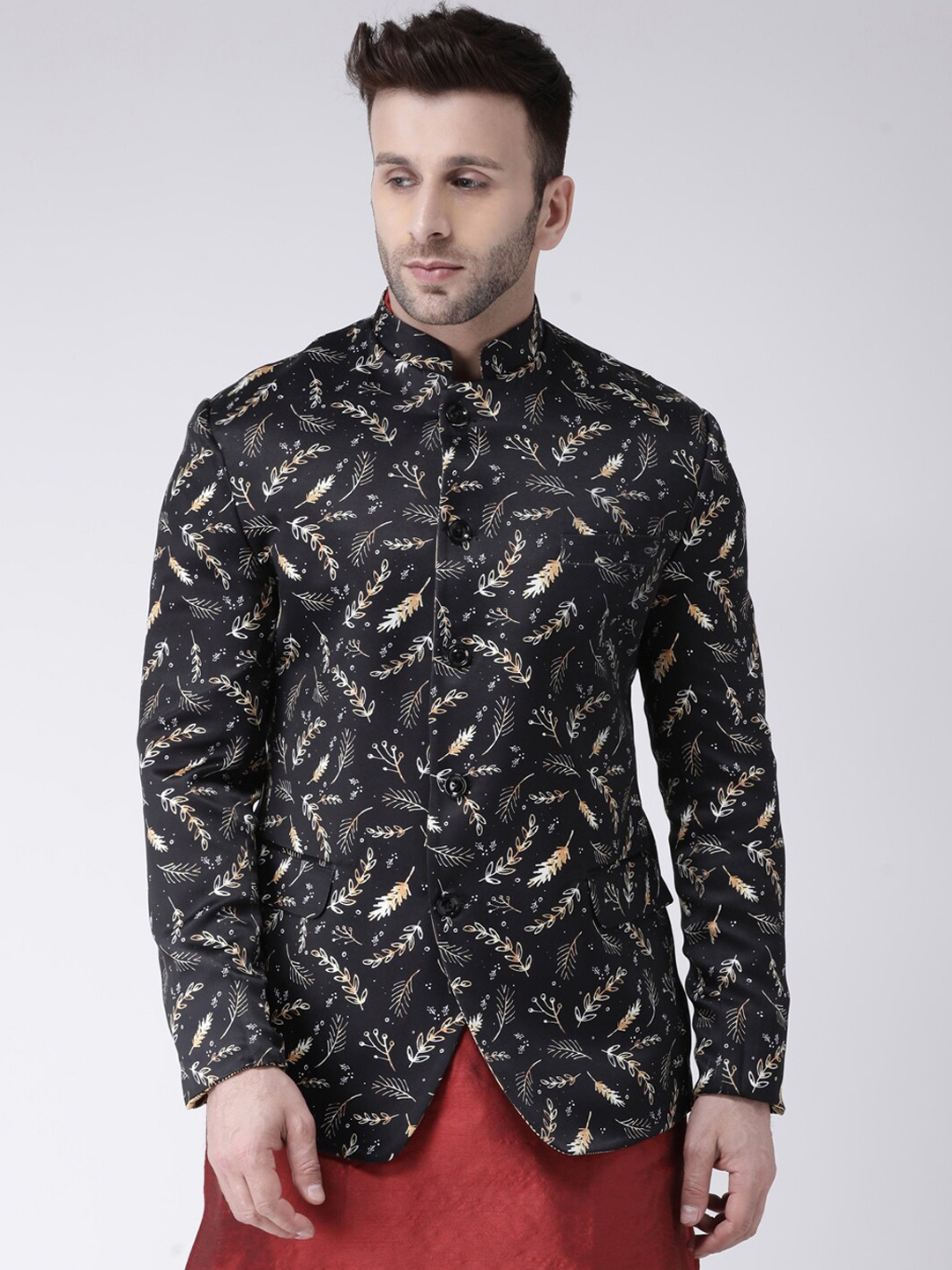 

hangup trend Men Black & Gold Printed Bandhgala Blazer
