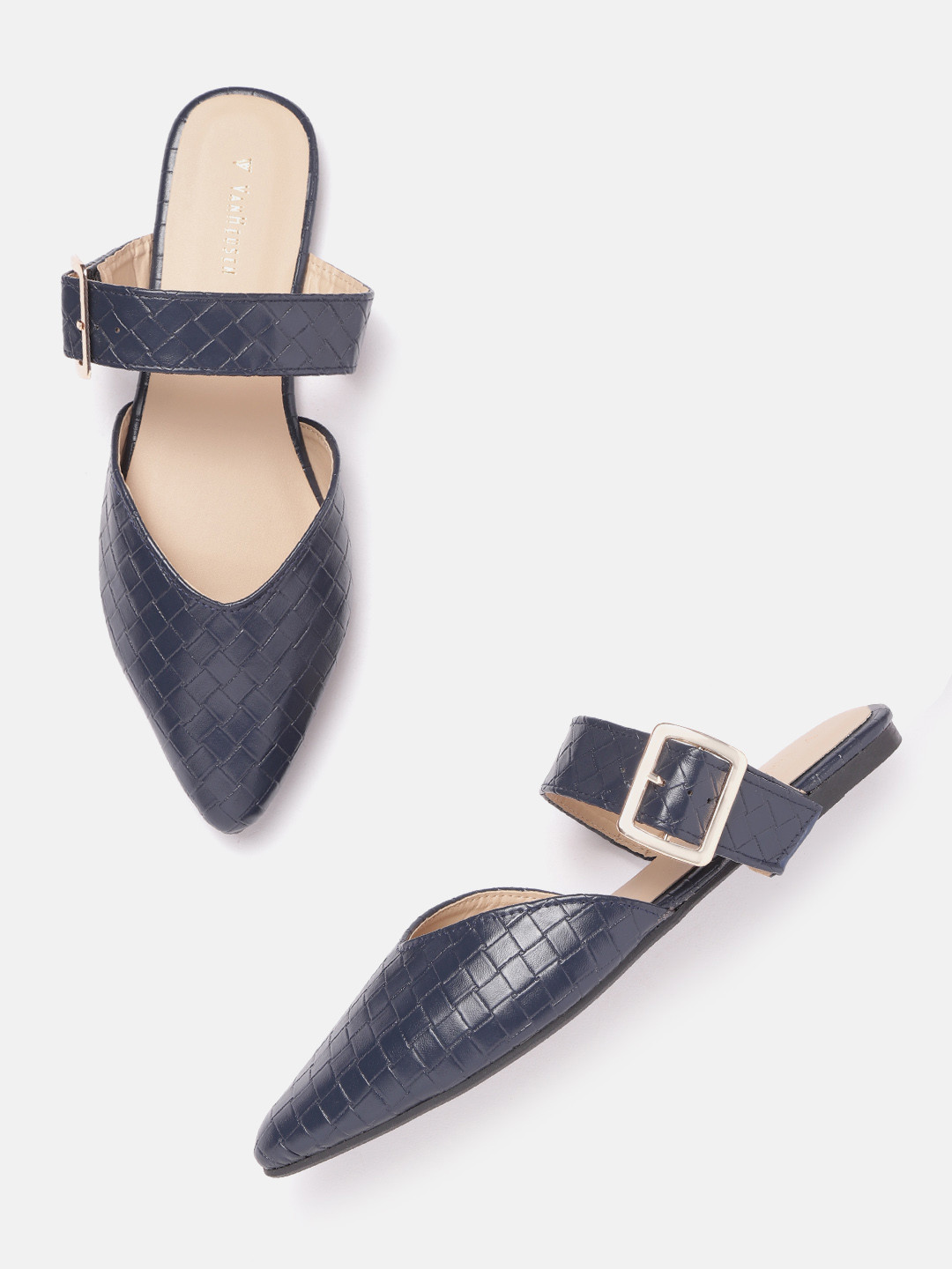 

Van Heusen Woman Woven Textured Pointed Toe Mules with Buckles, Navy blue