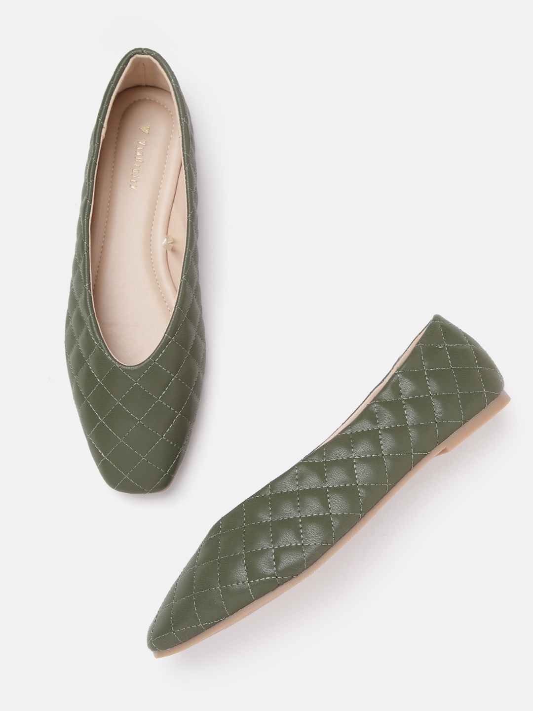 

Van Heusen Woman Olive Green Quilted Textured Squared-Toe Ballerinas