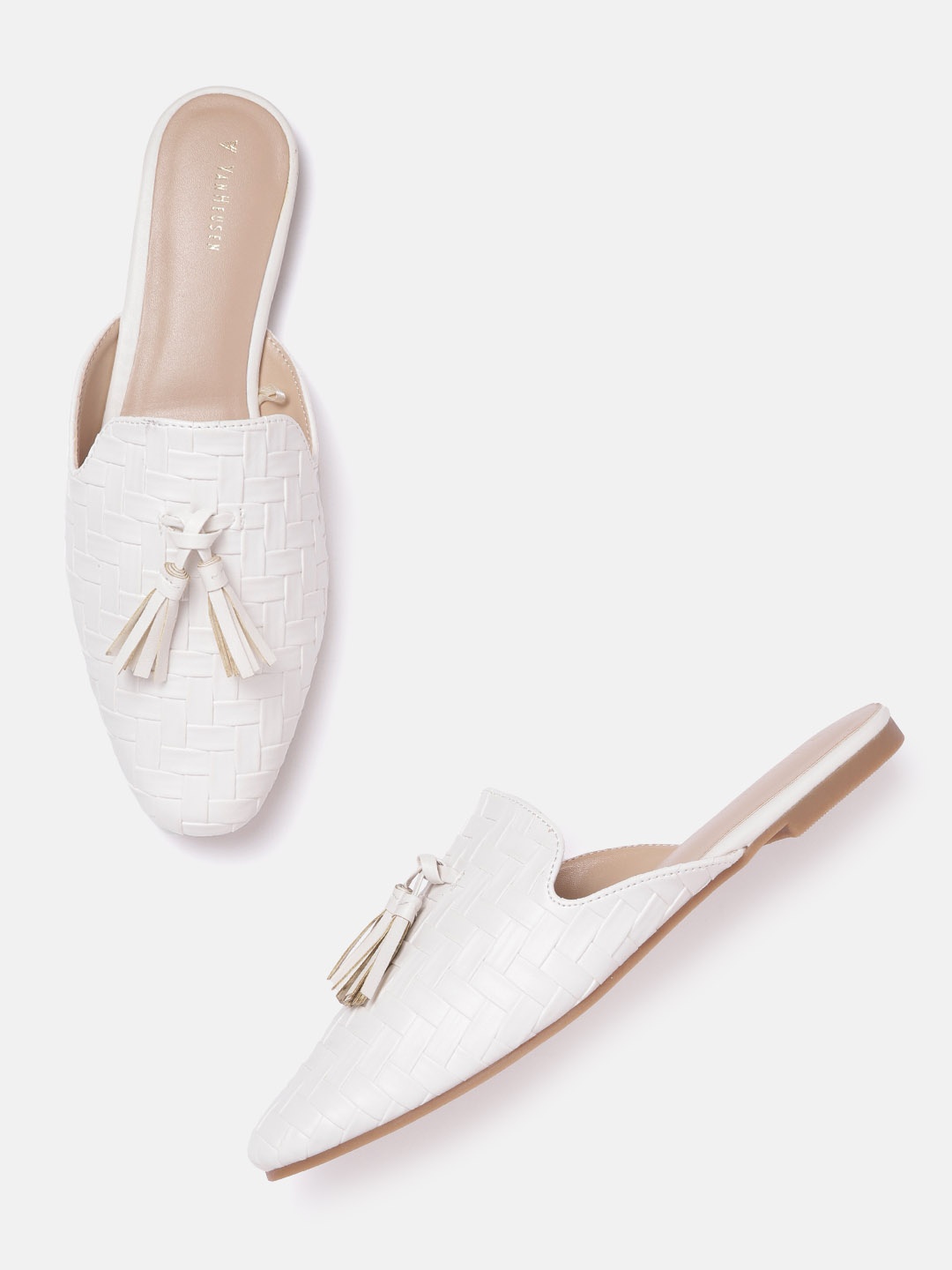 

Van Heusen Woman Women White Basket Weave Mules with Tassels
